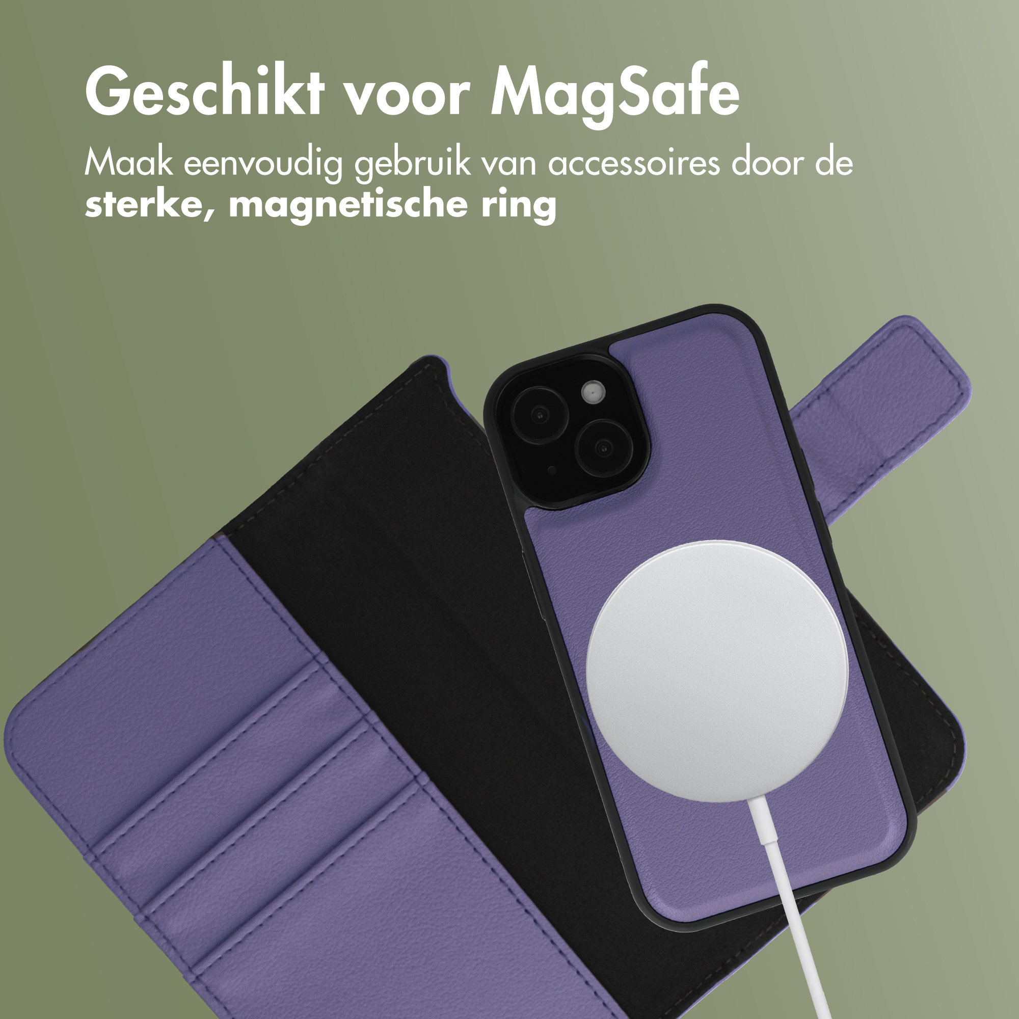 Paarse iPhone hoes met MagSafe lader en kaartsleuven.