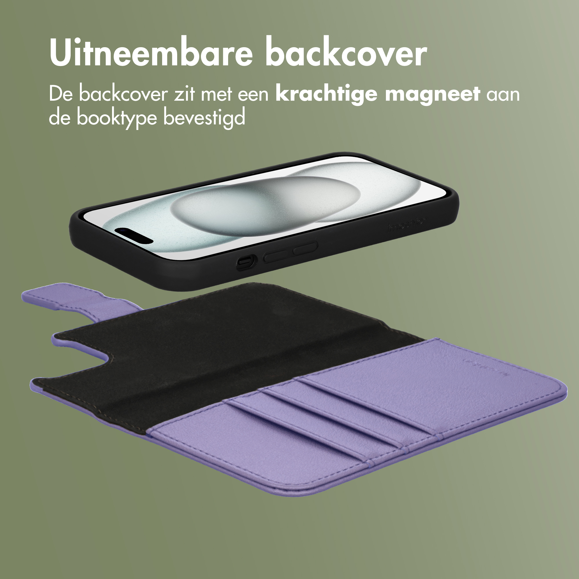 Een paarse telefoonhoes met kaartsleuven en een zwarte telefoonachterkant