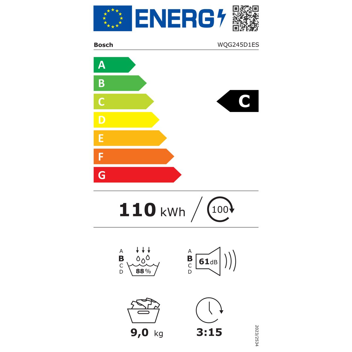 Etiqueta energética clase C, 110 kWh/100 ciclos, capacidad 9 kg.