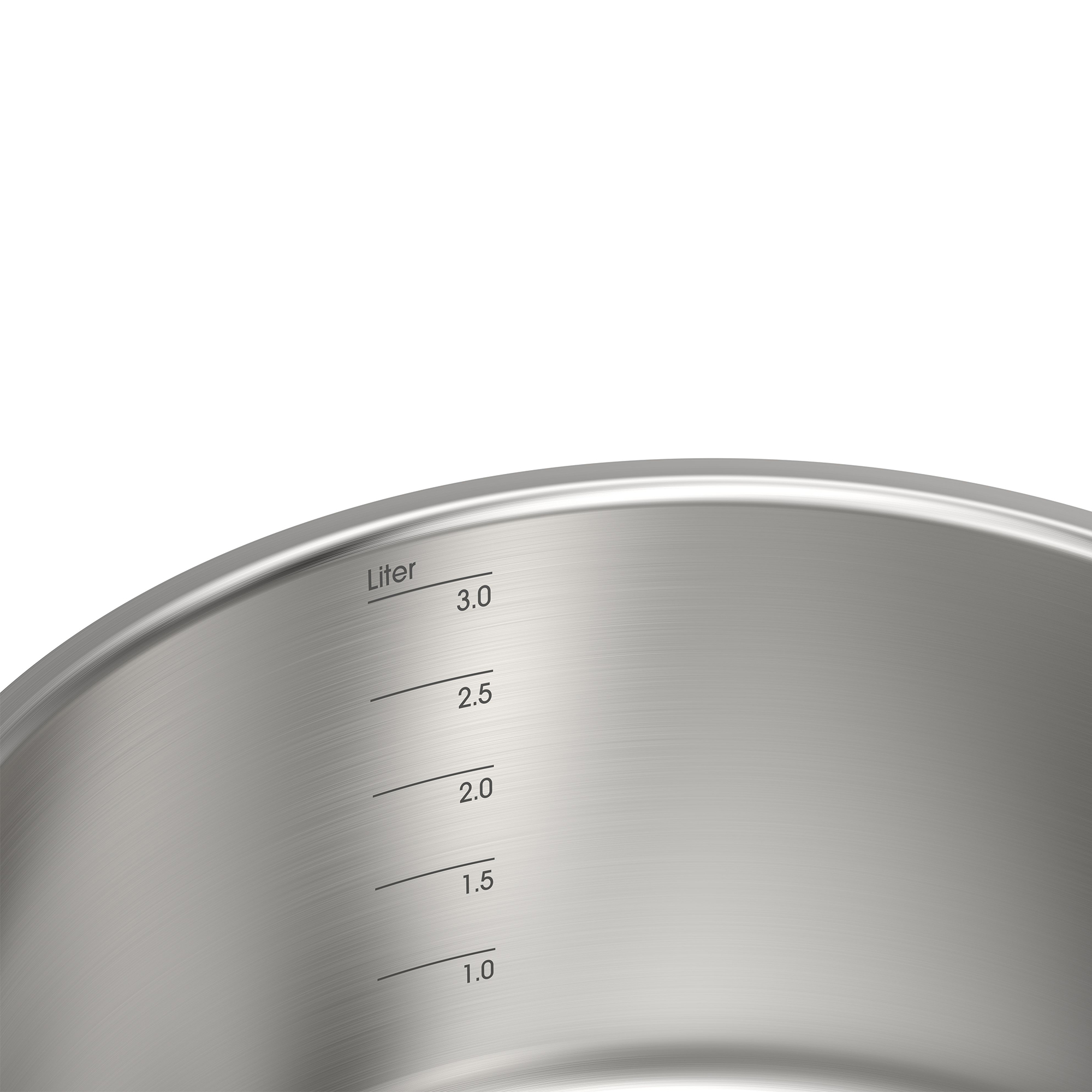 Nahaufnahme einer silbernen Metallschüssel mit Literskala und Markierungen bei 1,0, 1,5, 2,0, 2,5 und 3,0.