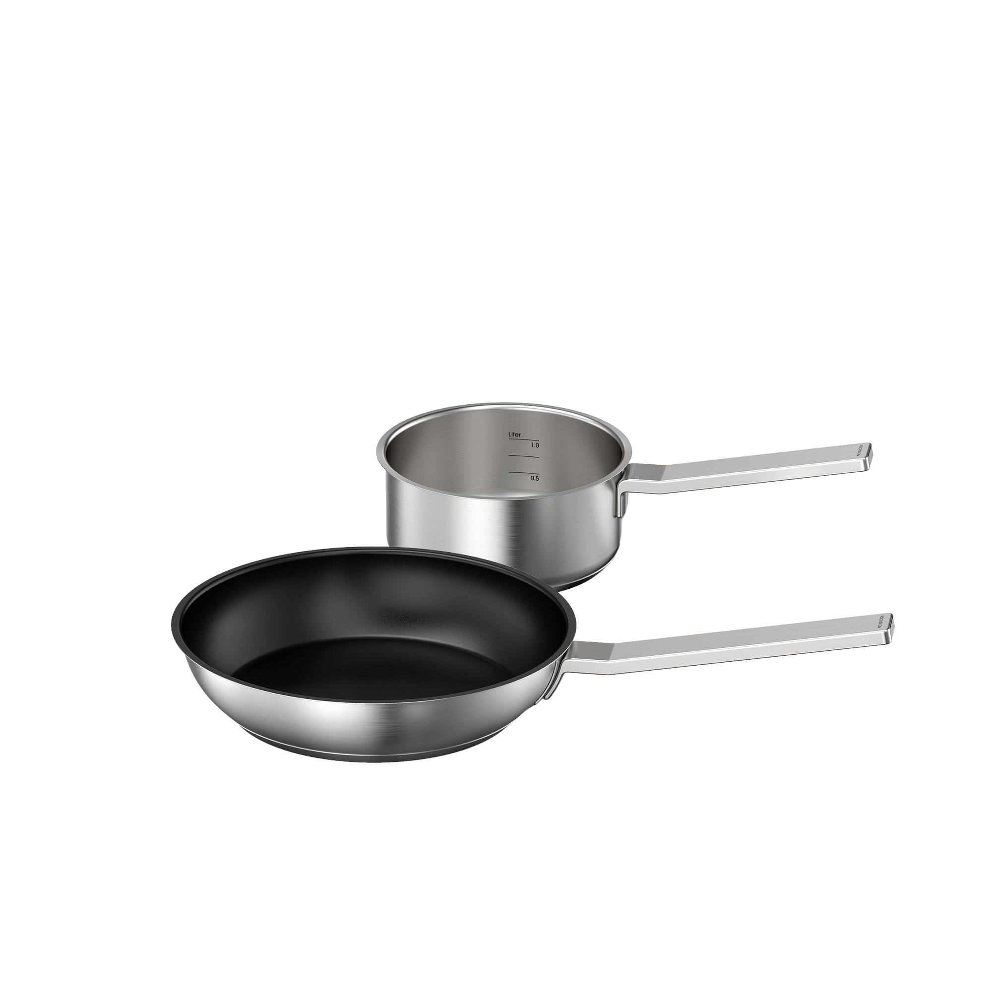 Ein silberner Topf und eine Pfanne mit langen Griffen auf weißem Hintergrund.