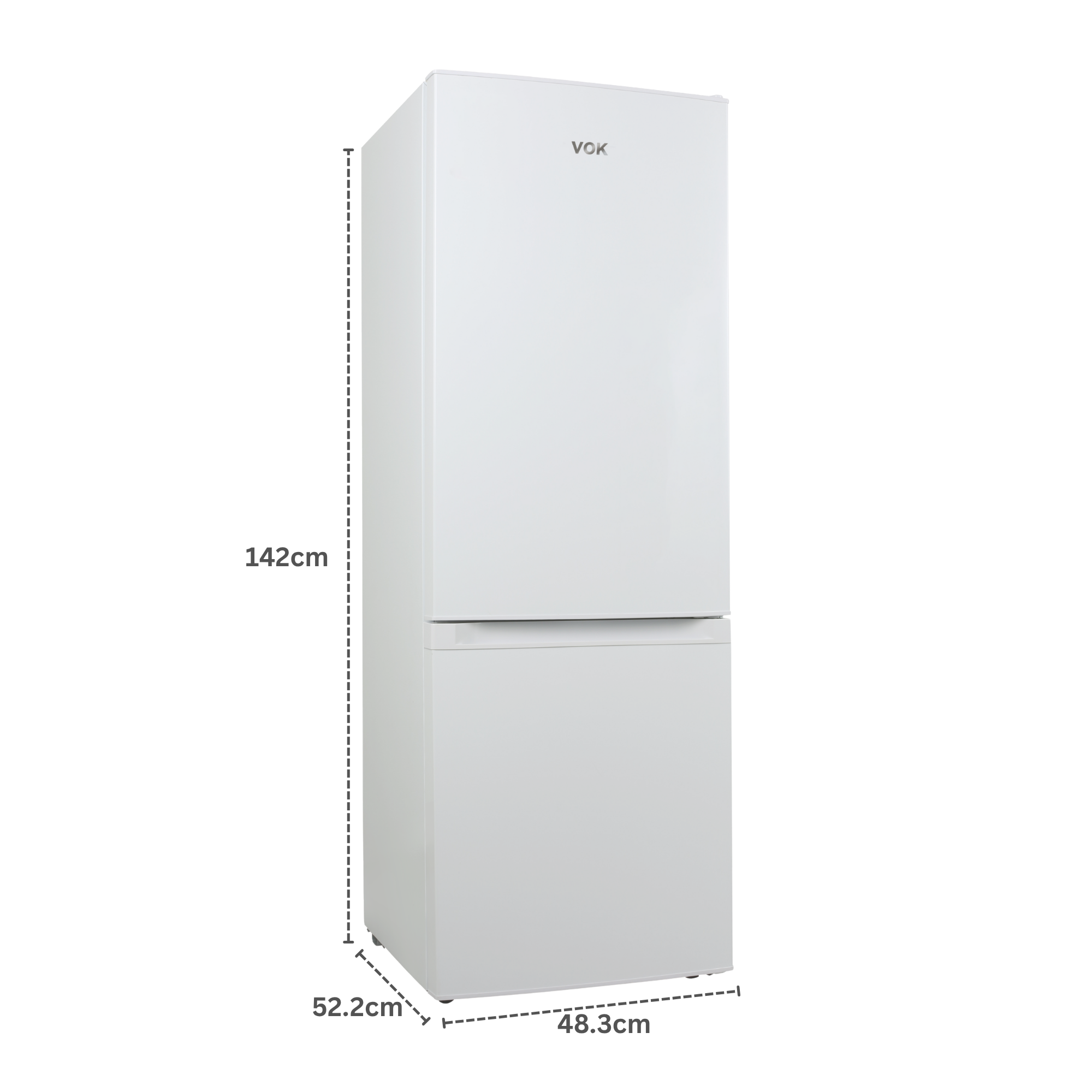 Un refrigerador blanco con logo VOK. Dimensiones: 142x52,2x48,3cm.