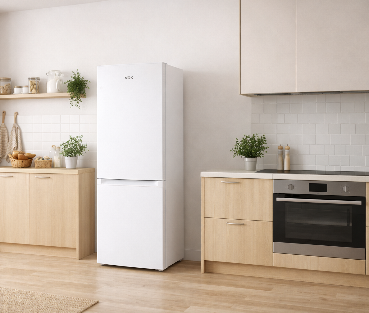 Una cocina VOK blanca con refrigerador, horno y gabinetes de madera.