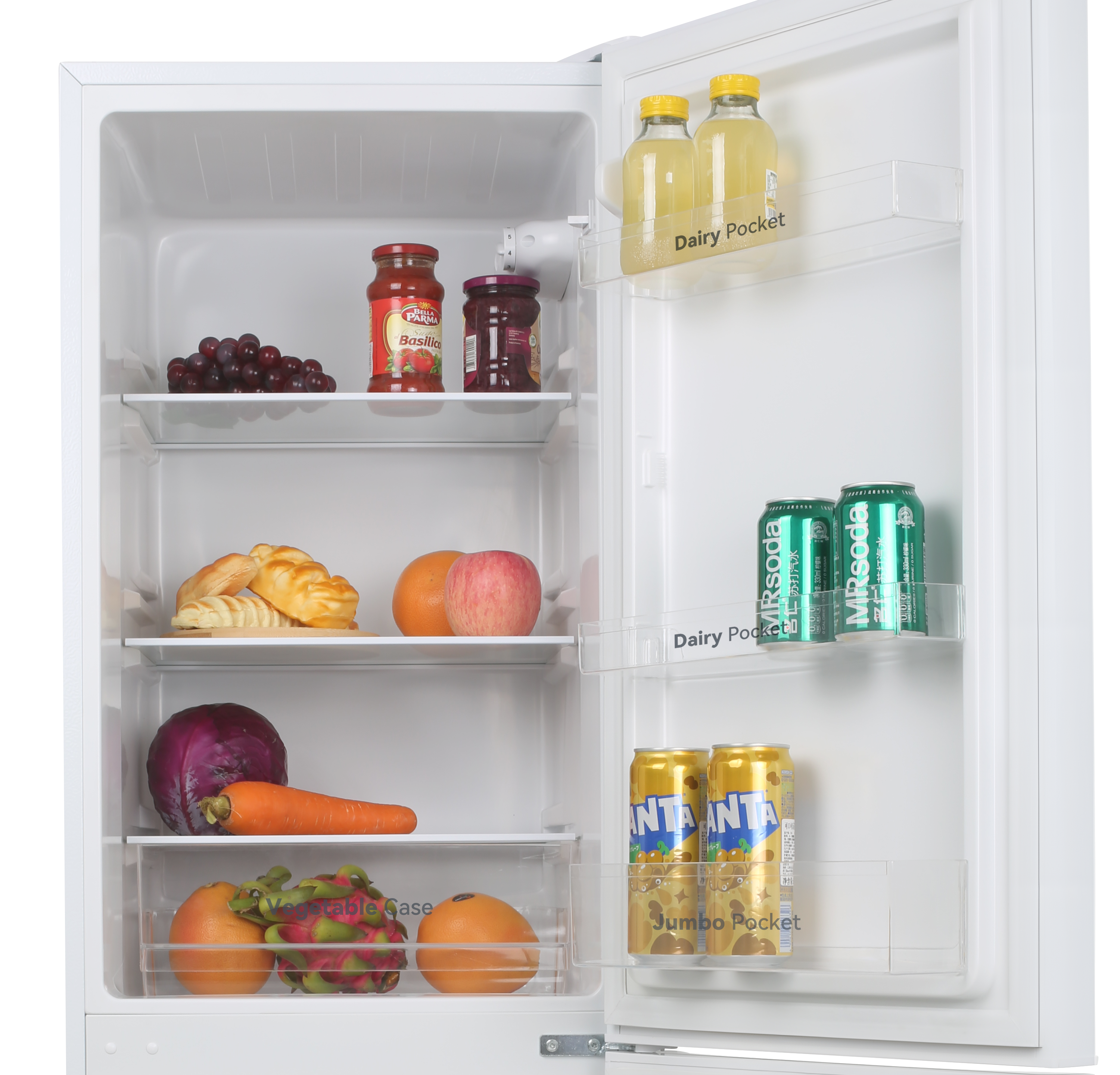 Un refrigerador abierto con uvas, frascos, pasteles, frutas, verduras y latas.