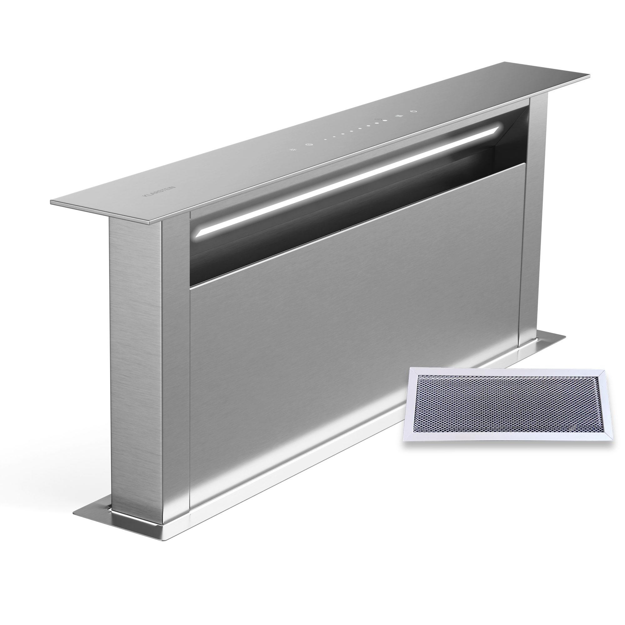 Cappa aspirante in acciaio inox con pannello touch e barra luminosa.