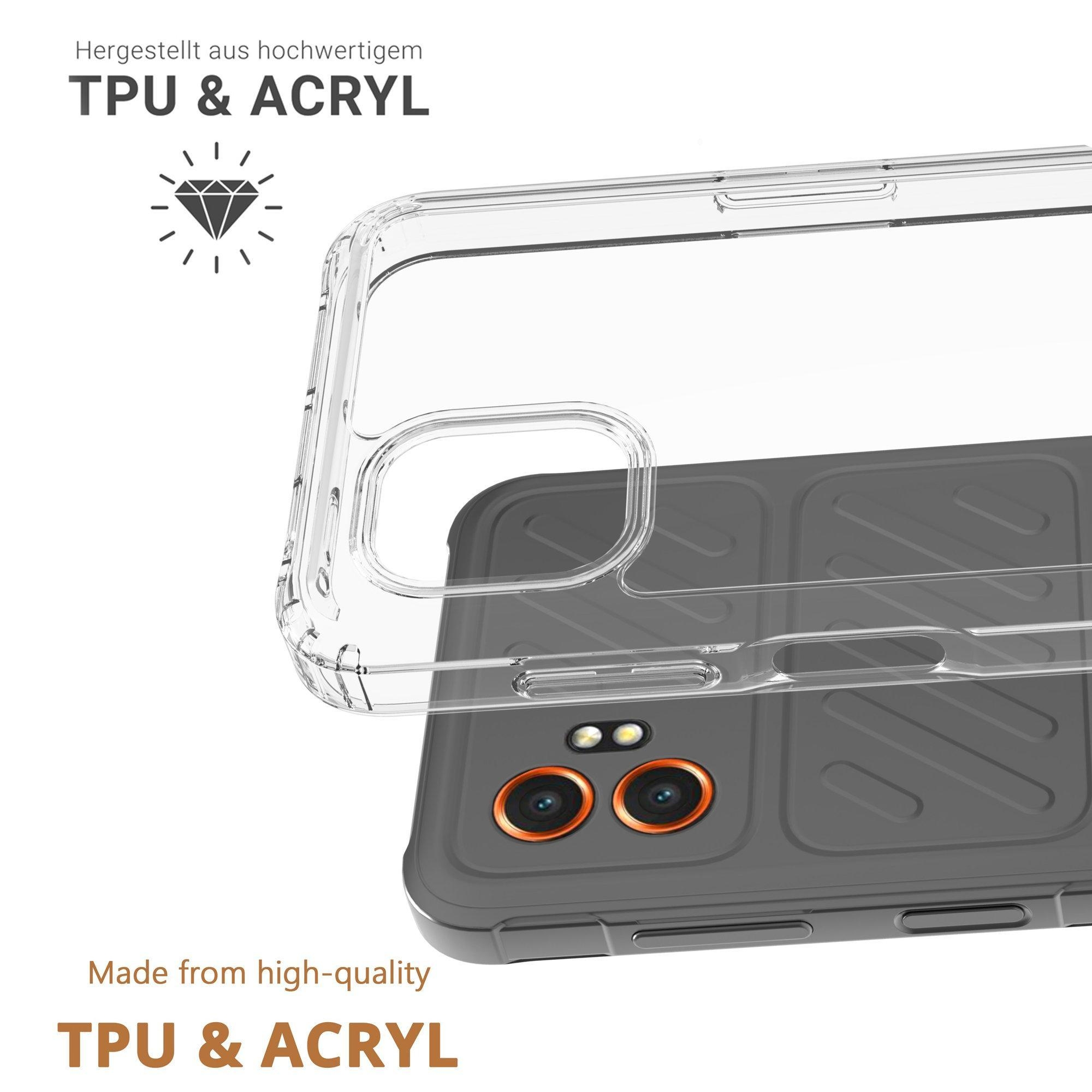 Ein durchsichtiger Handyhülle liegt auf einem grauen Handy. "TPU & ACRYL" Text.