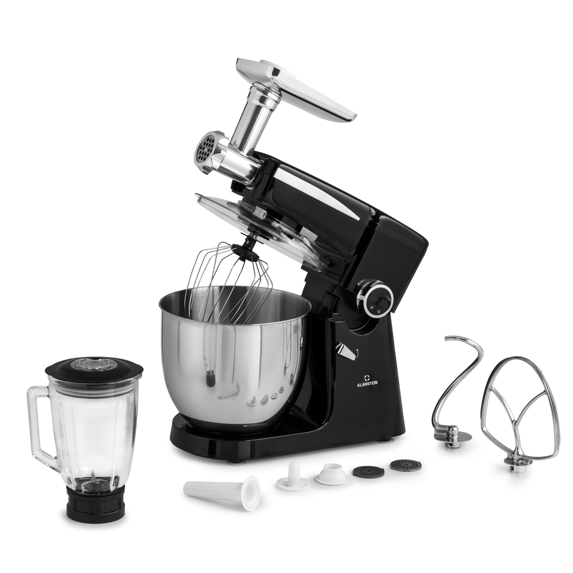 Impastatrice nera con frullatore, tritacarne e accessori.