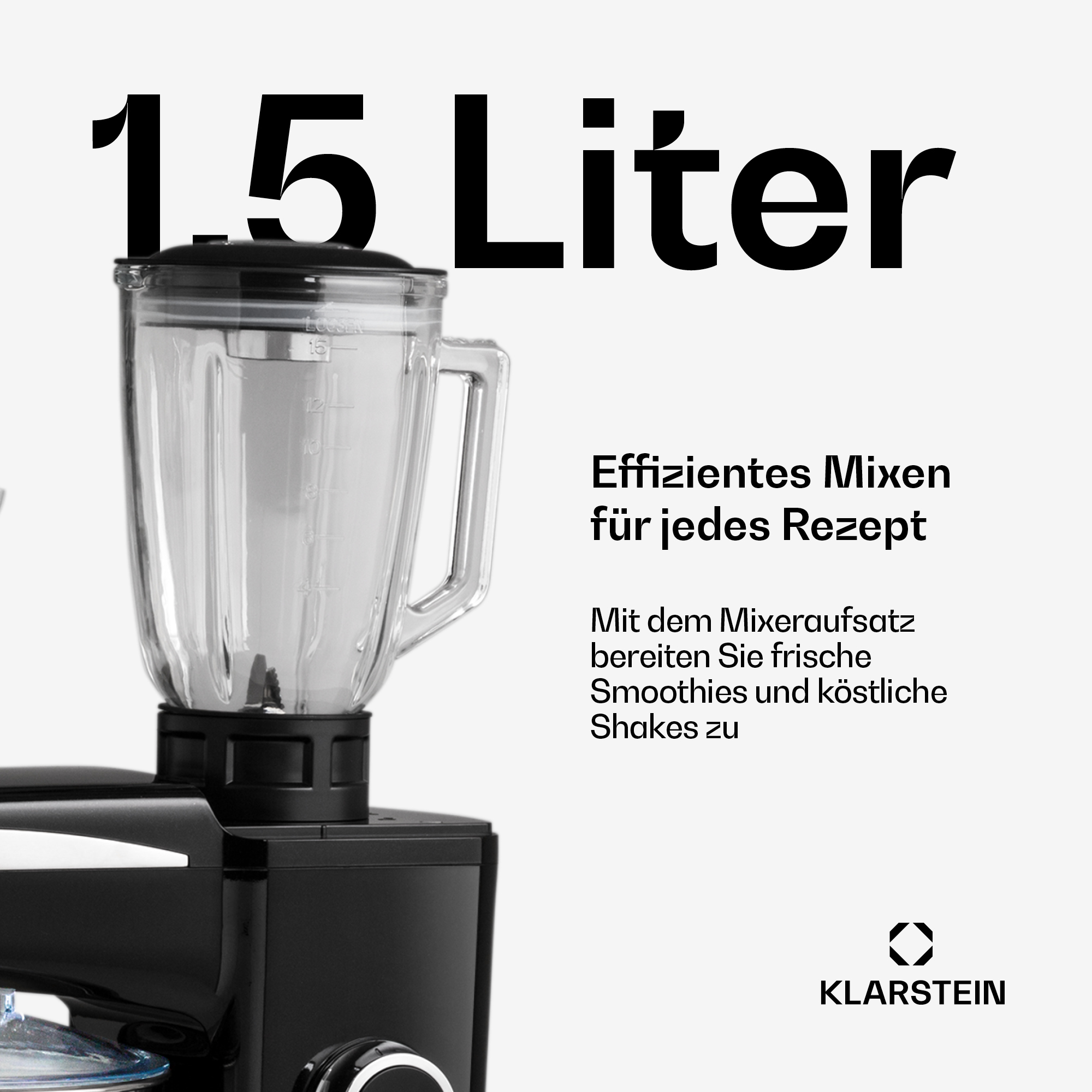 Frullatore nero con accessorio da 1,5 litri e logo Klarstein.