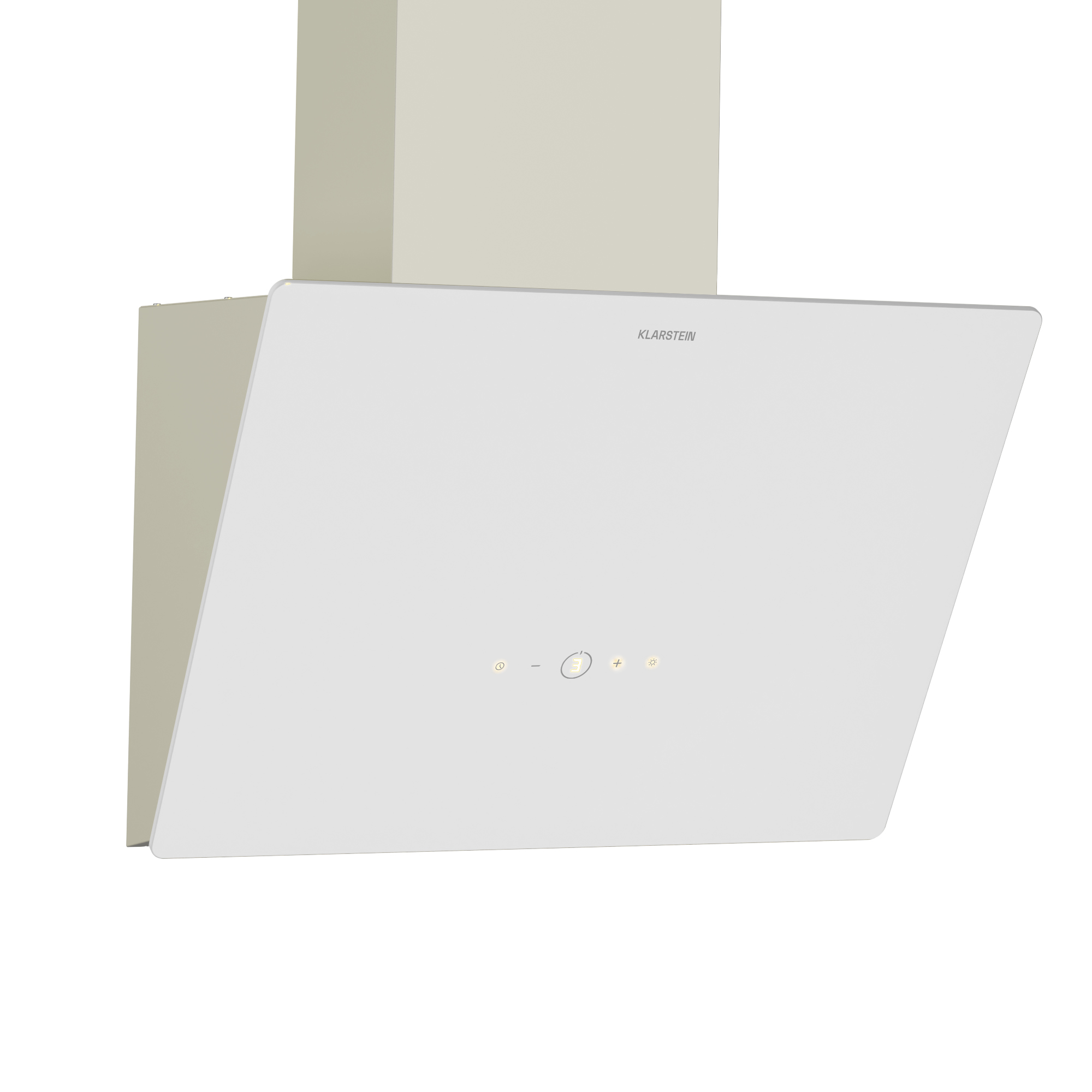 Eine weiße Dunstabzugshaube mit Touch-Bedienfeld und silbernem Logo.