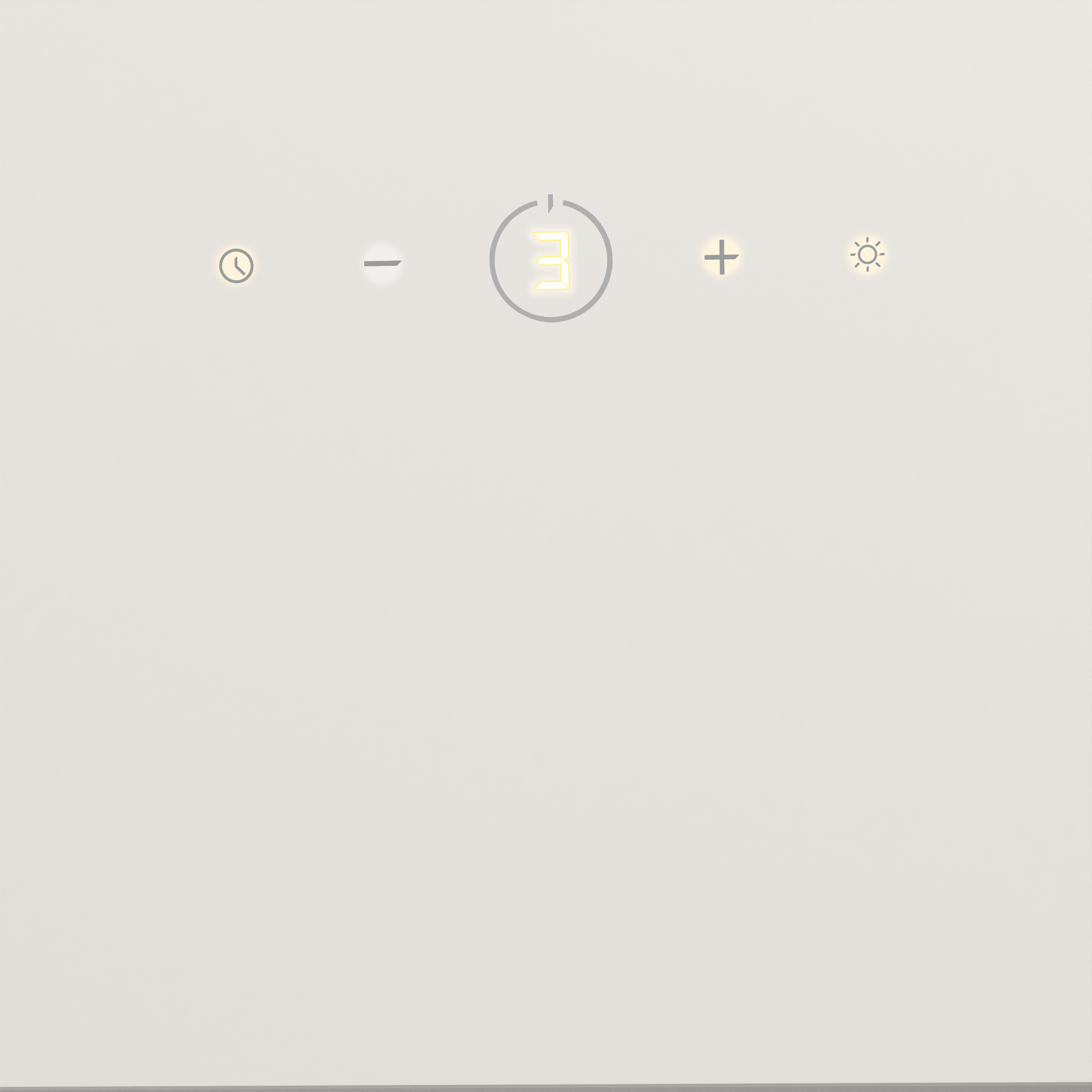 Ein weißes Bedienfeld mit Symbolen für Timer, Minus, 3, Plus und Licht.