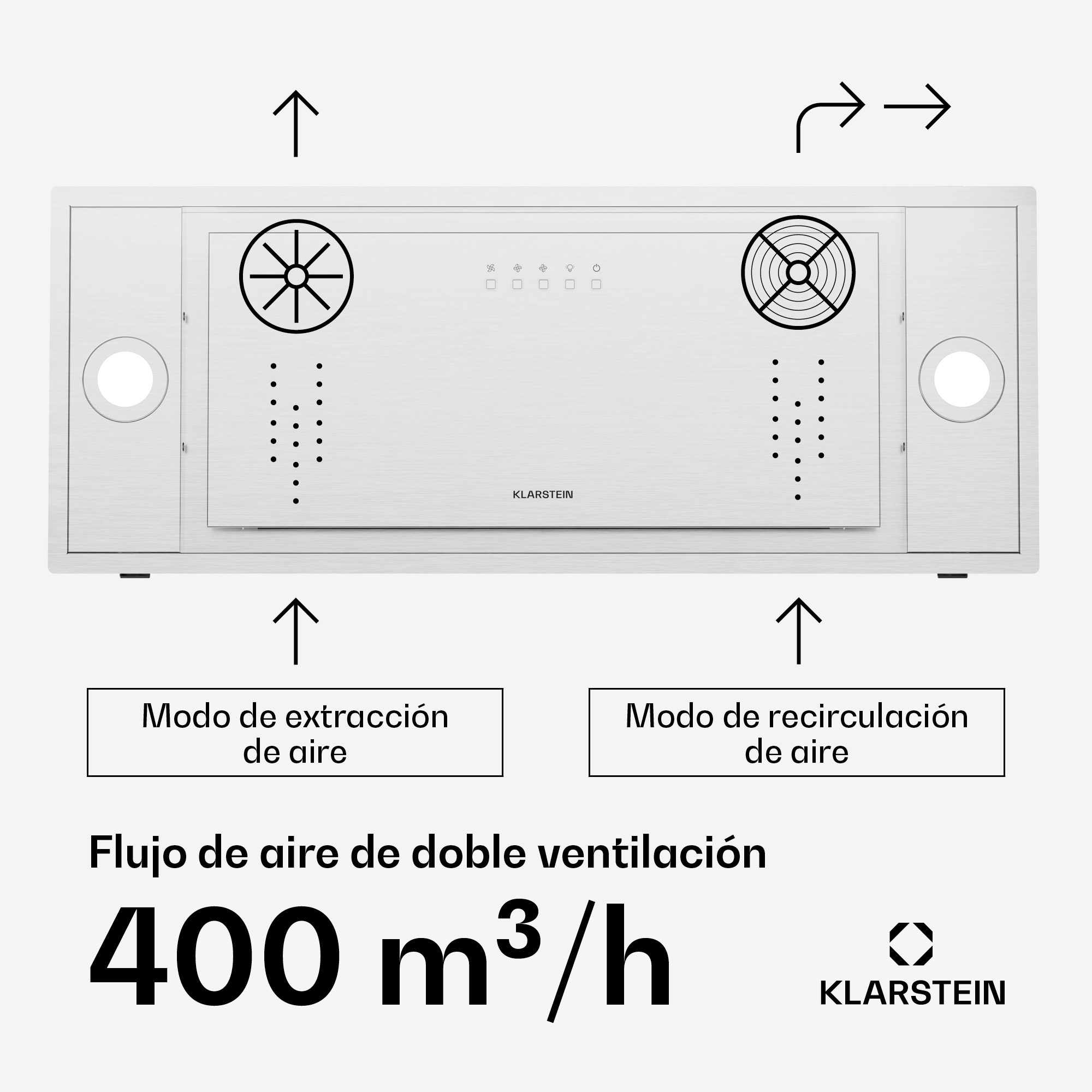 Cappa Klarstein con flusso d'aria 400 m³/h, modalità scarico e ricircolo.