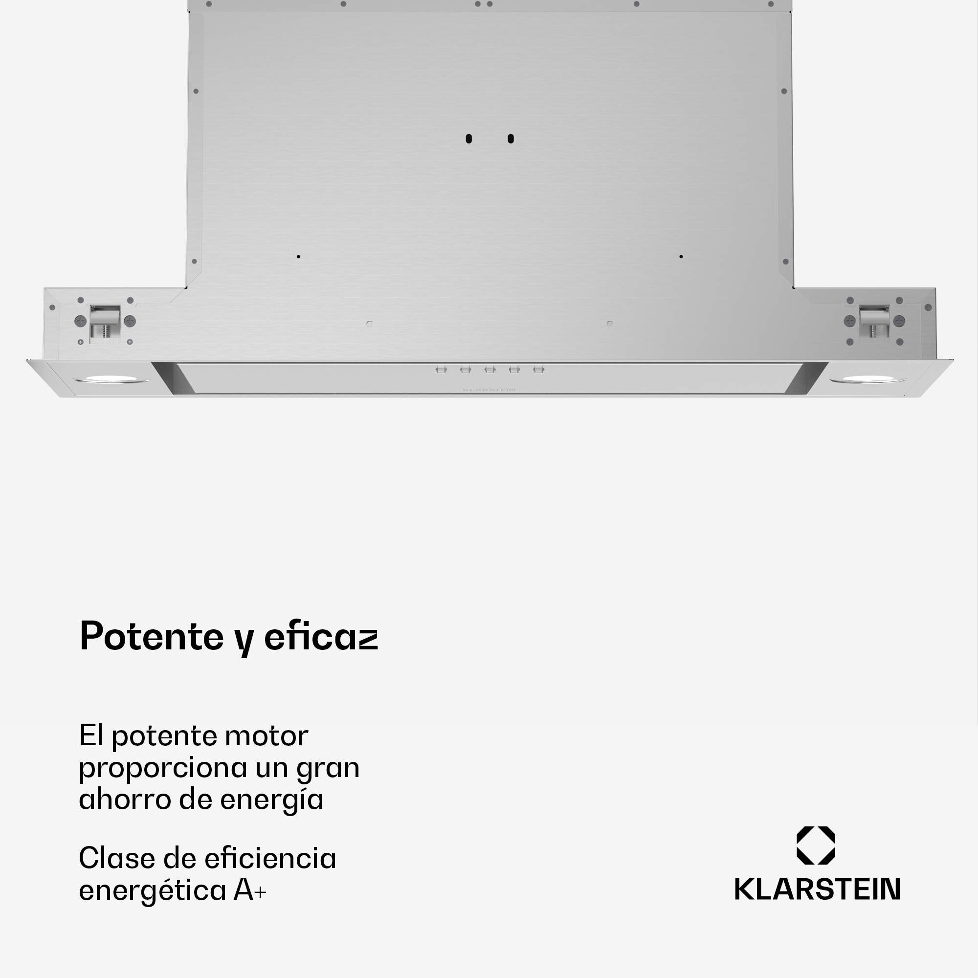 Una cappa da cucina argentata con luci e logo Klarstein. Potente ed efficiente.