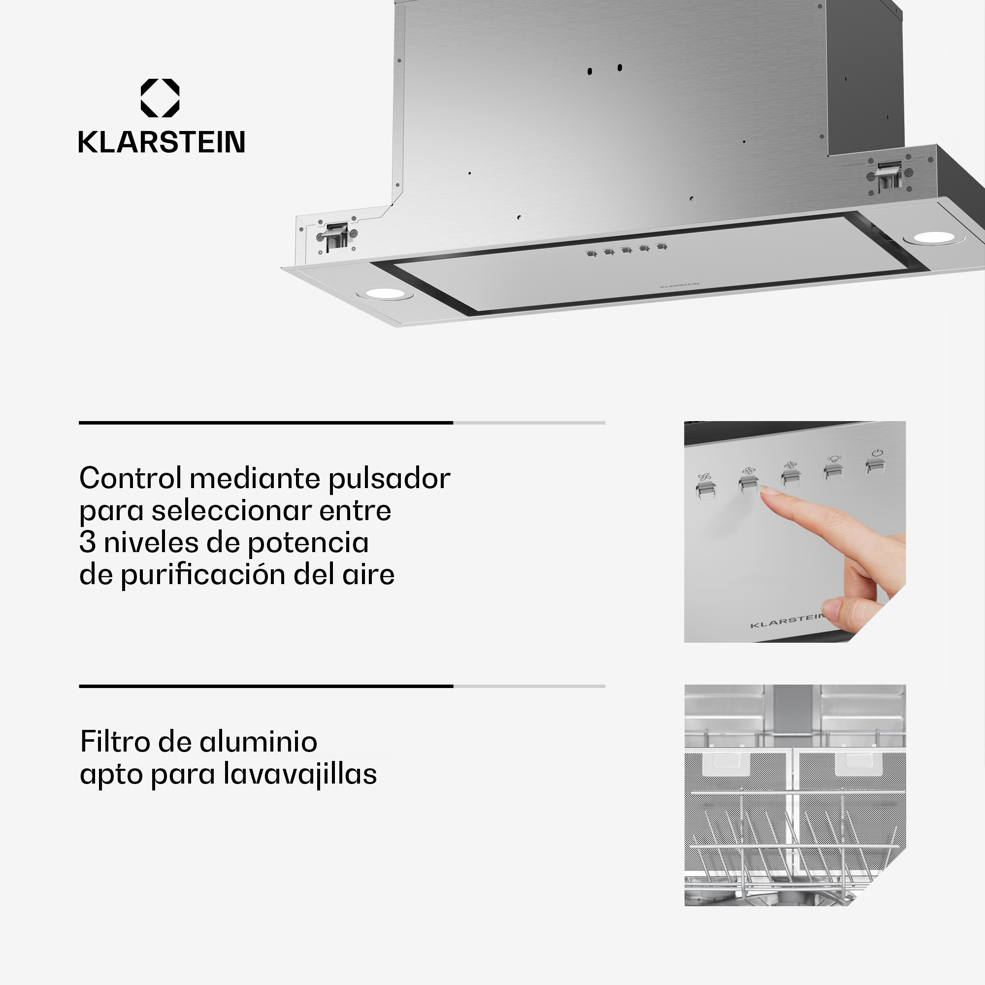 Cappa in acciaio inox con comandi touch e filtro in alluminio.