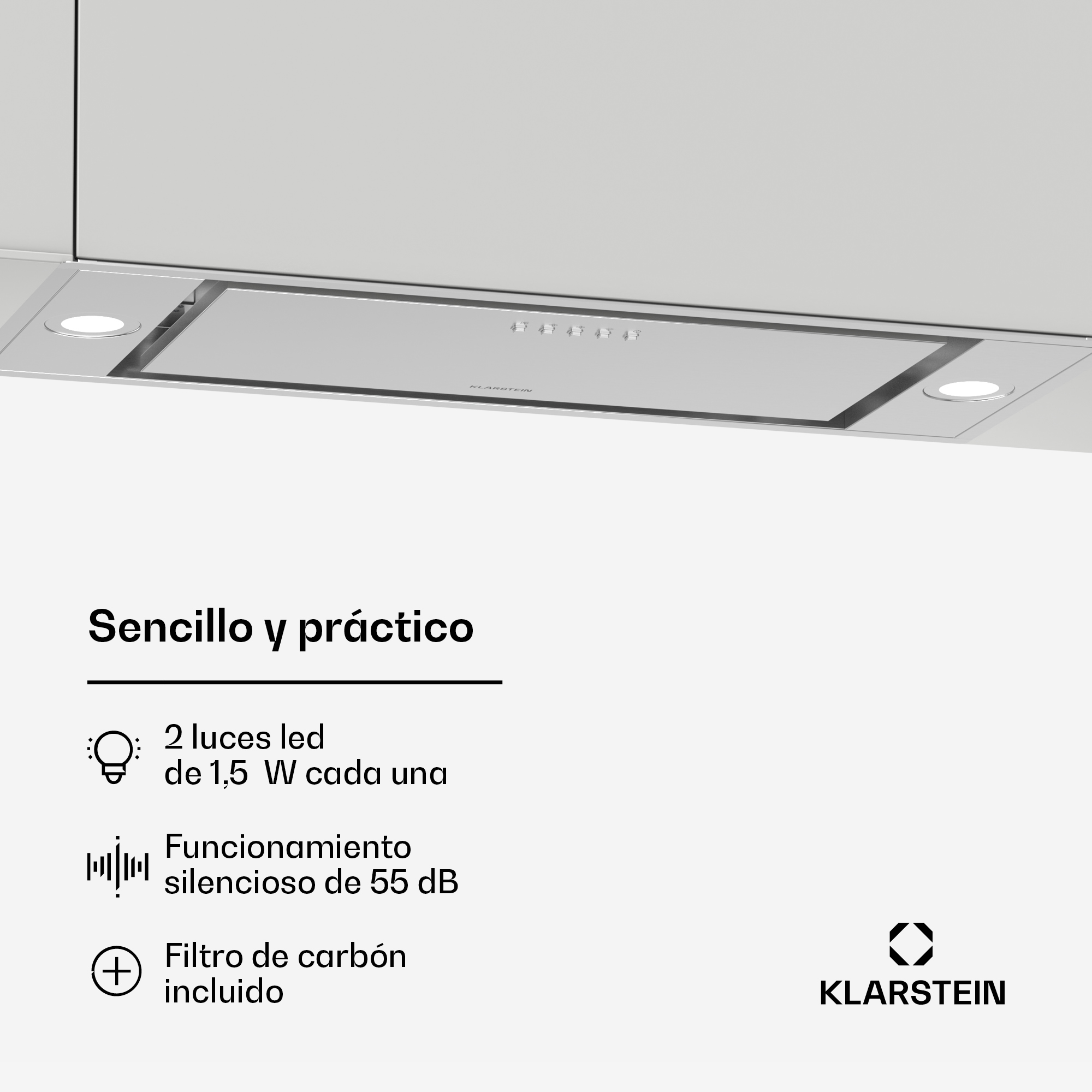 Cappa in acciaio inox con luci LED, funzionamento silenzioso e filtro a carbone.