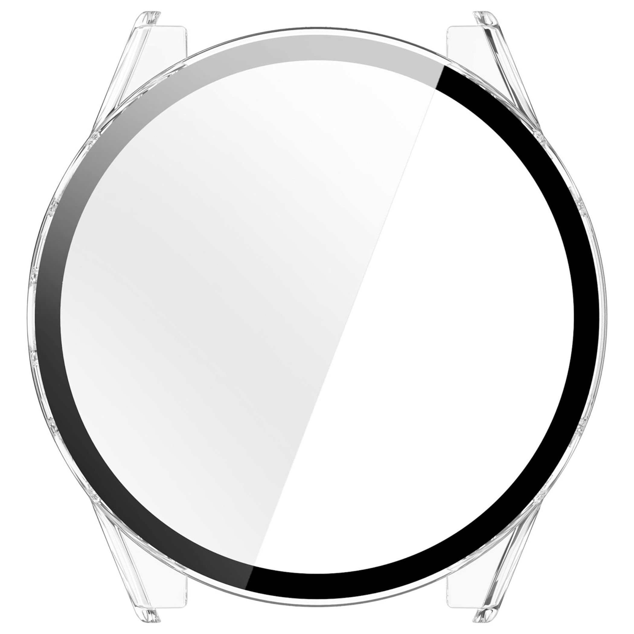 Custodia protettiva trasparente per display rotondo smartwatch con lunetta nera.