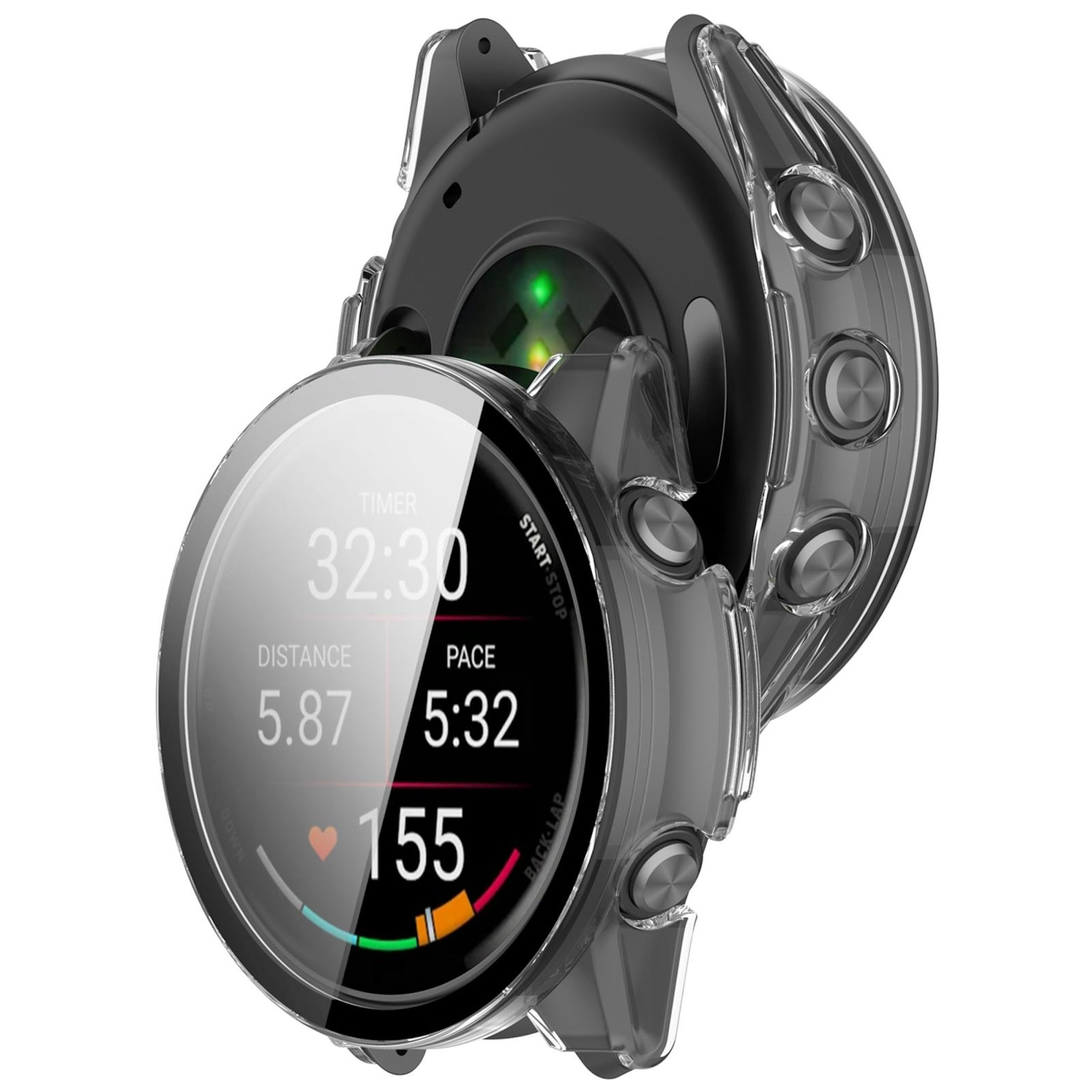 Uno smartwatch nero con custodia protettiva trasparente mostra timer, distanza, ritmo e battito cardiaco.