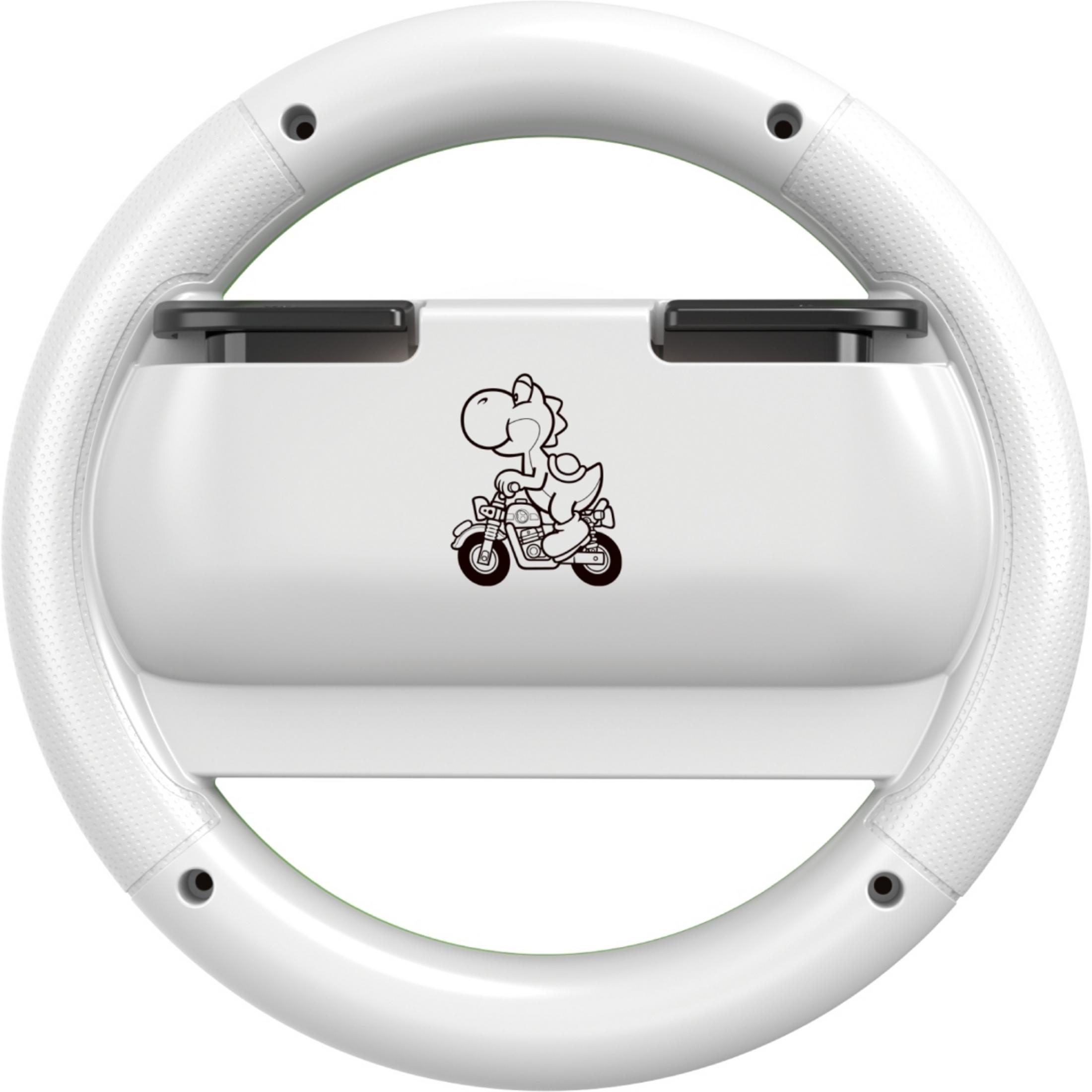 Un volante blanco con una pegatina de Yoshi en una motocicleta.