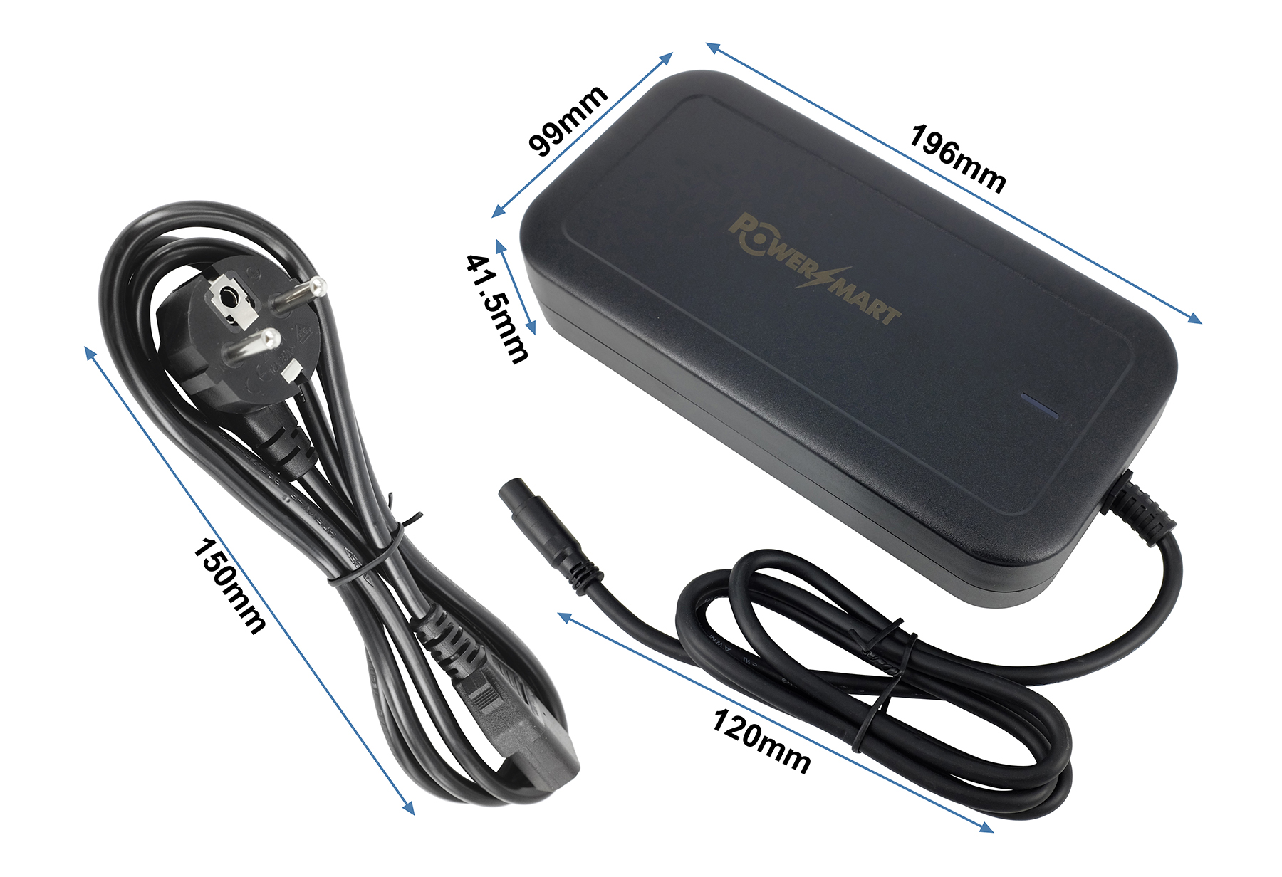 Schwarzer Netzadapter mit Kabeln. Abmessungen angezeigt: 196x99x41,5mm.