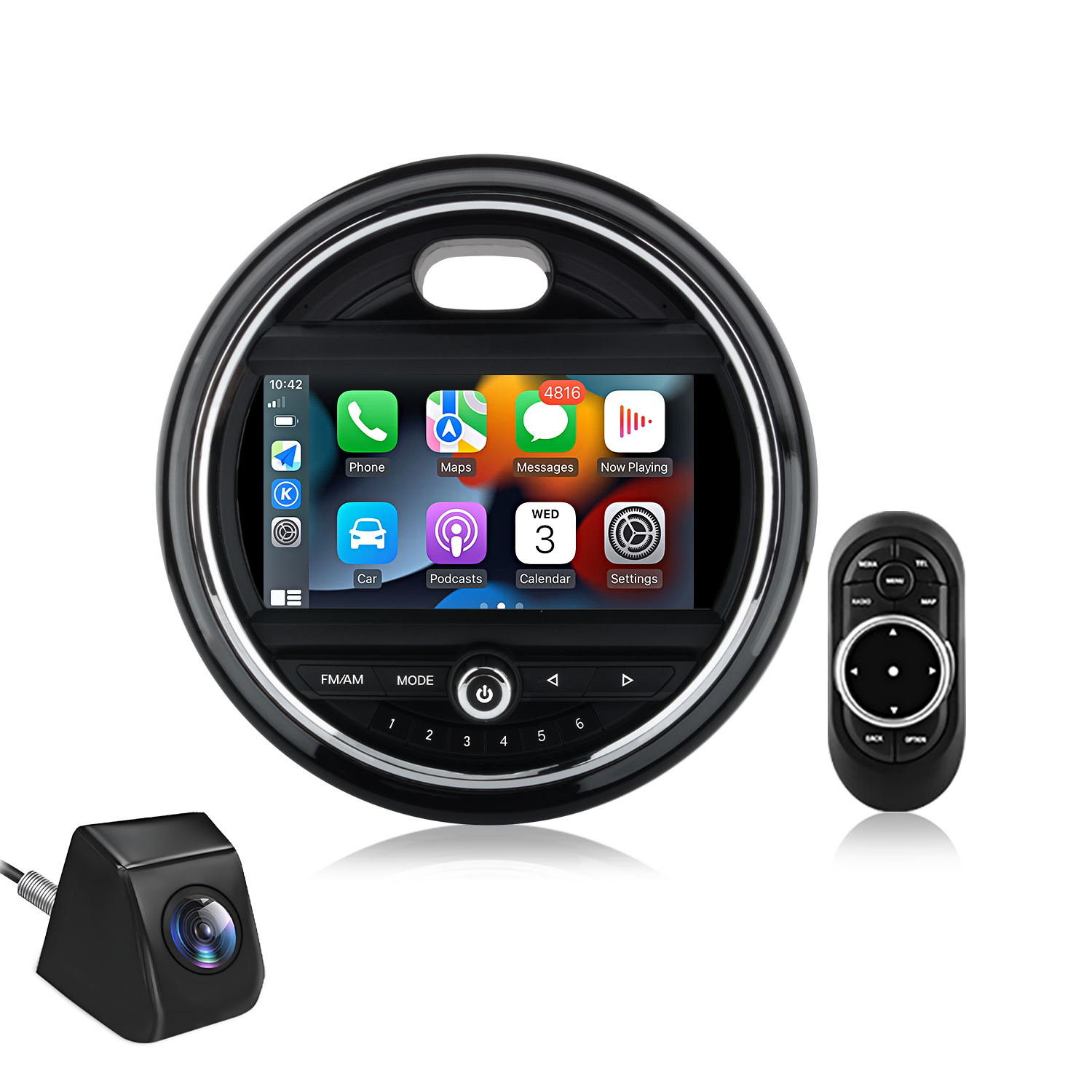Rundes Autoradio mit Touchscreen, Rückfahrkamera und Fernbedienung.