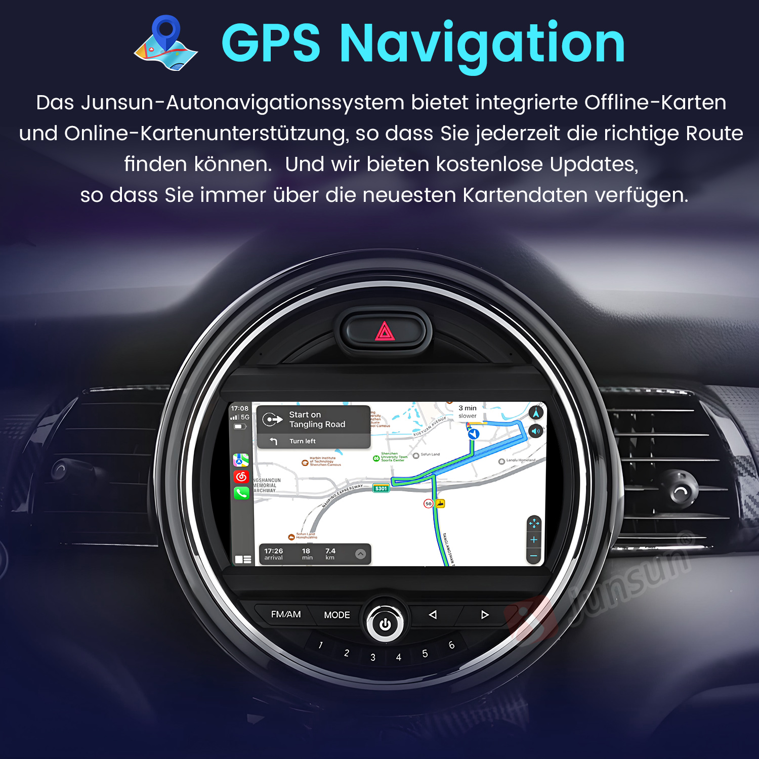 Ein Auto-Navigationssystem mit Karte zeigt eine Route an. Steuerungstasten sind sichtbar.