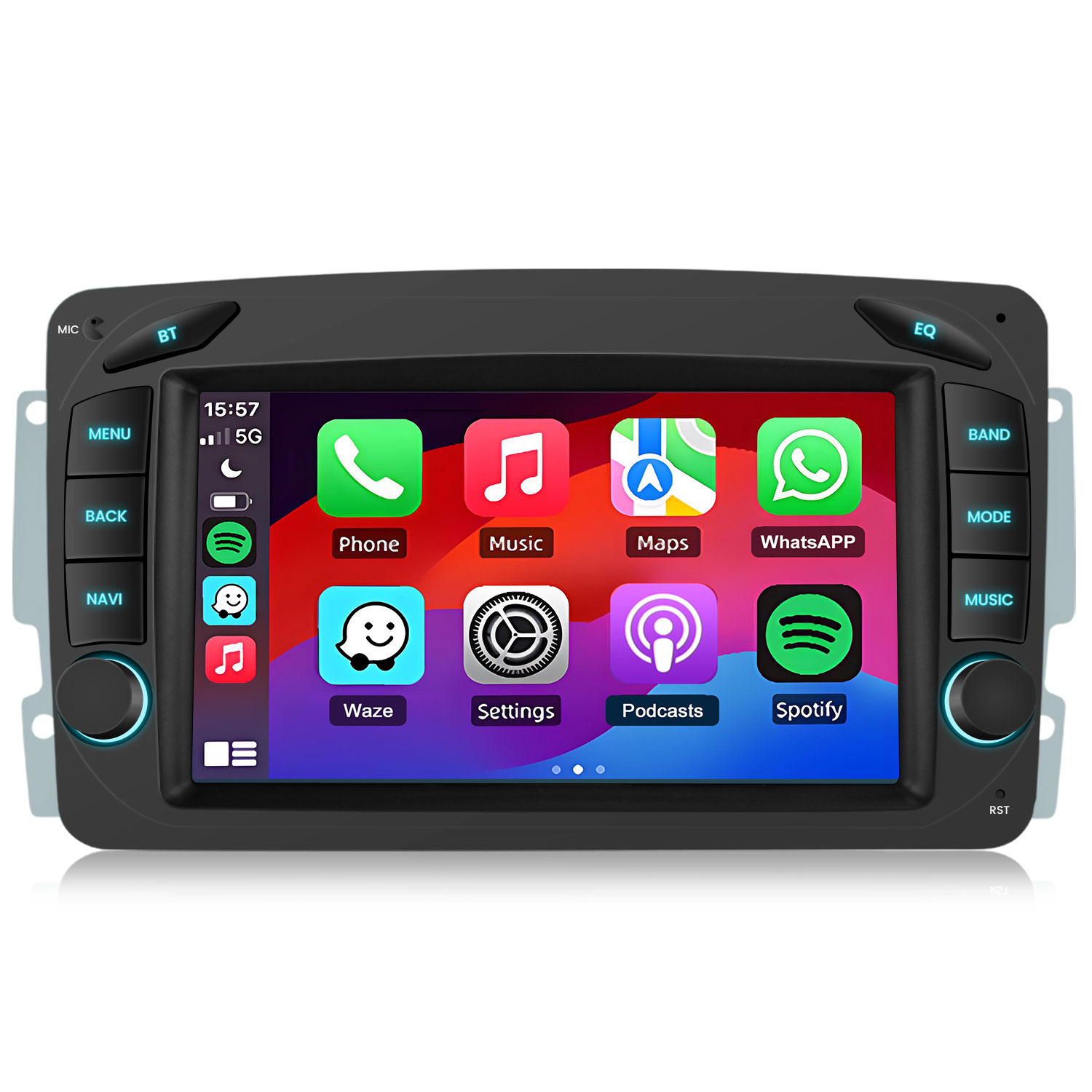 Ein Autoradio-Touchscreen mit App-Symbolen wie Telefon, Musik, Karten, WhatsApp, Waze, Einstellungen, Podcasts, Spotify.
