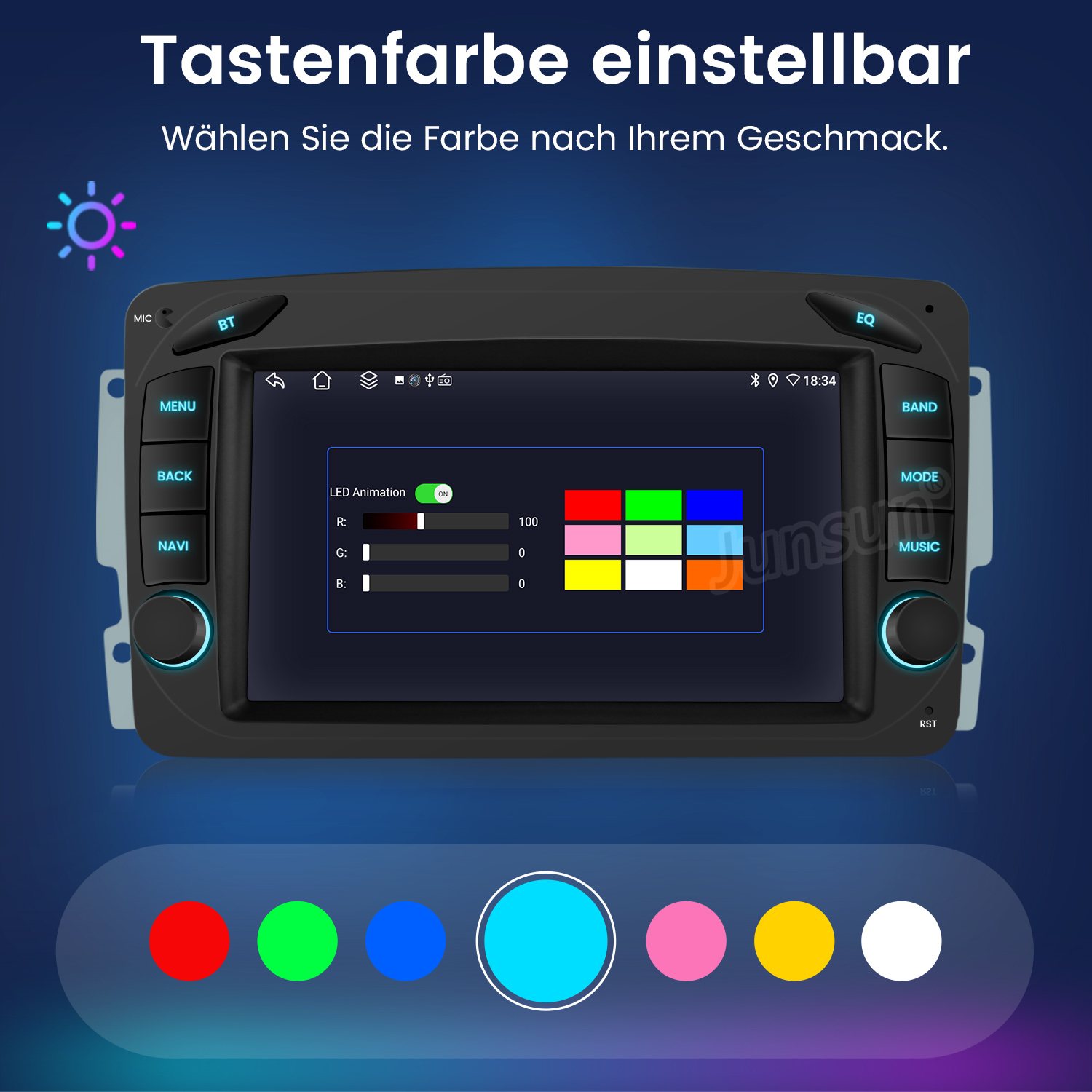 Ein Autoradio-Display zeigt Farboptionen für Tastenbeleuchtung.