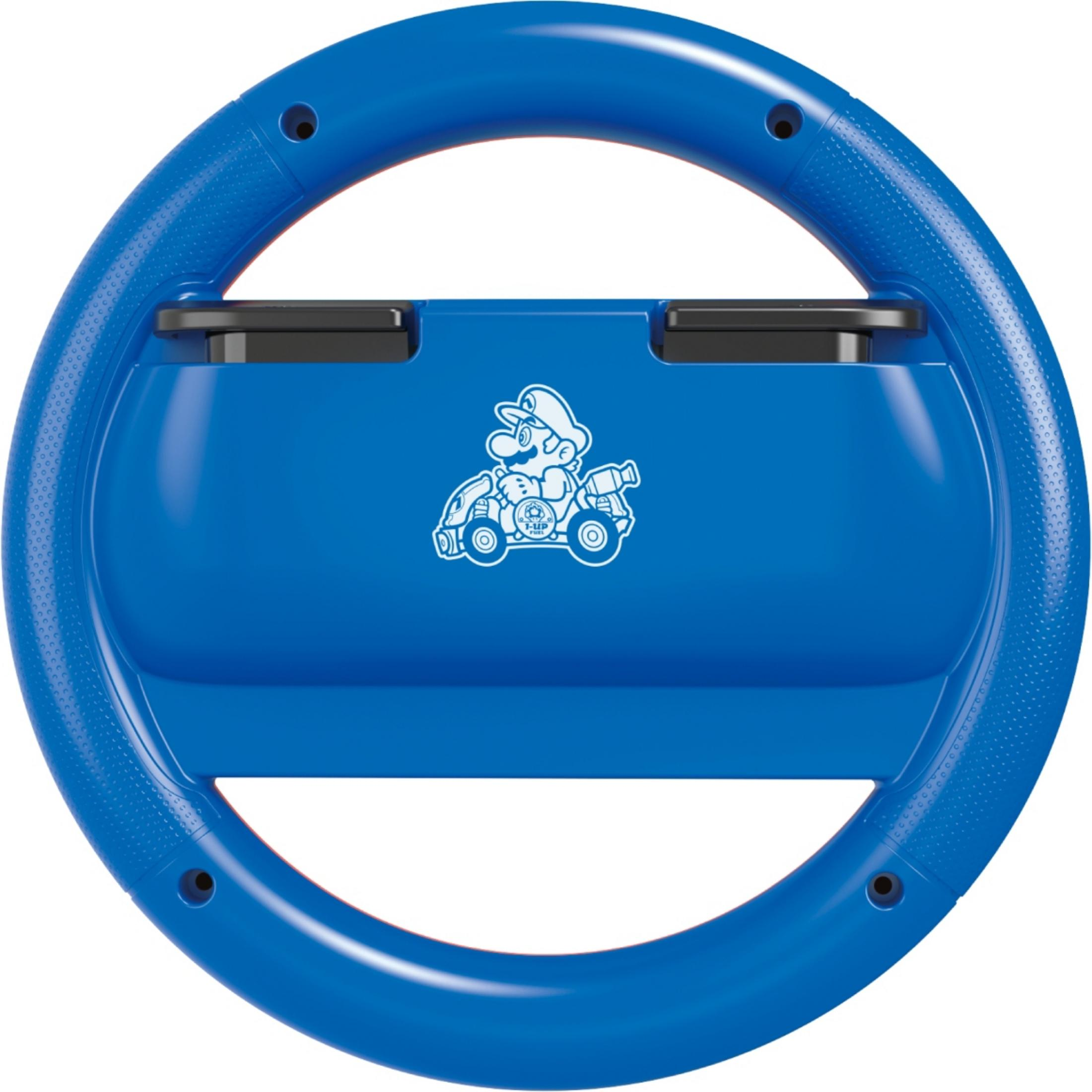 Niebieski kontroler kierownicy Mario Kart z Mario na gokarcie.