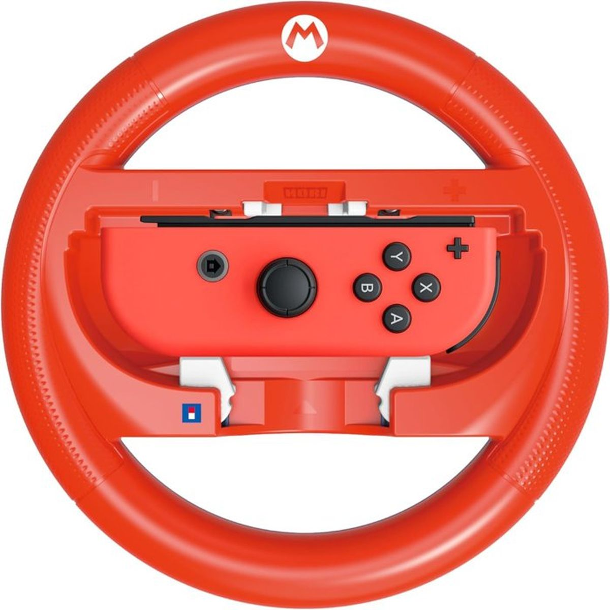 Czerwona kierownica Mario do Nintendo Switch z Joy-Conami, logo M na górze.