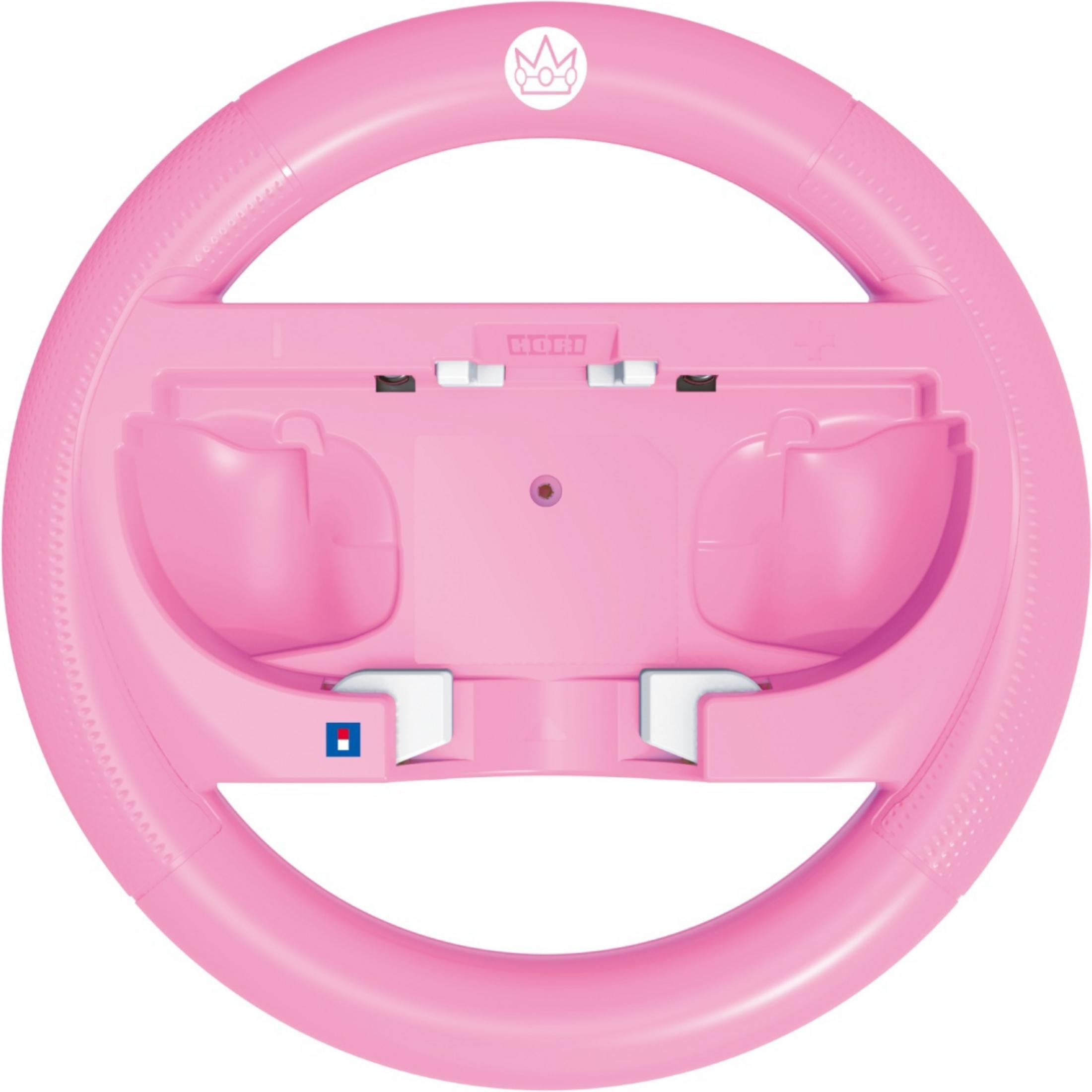 Un volante rosa con logo de corona y agarres.