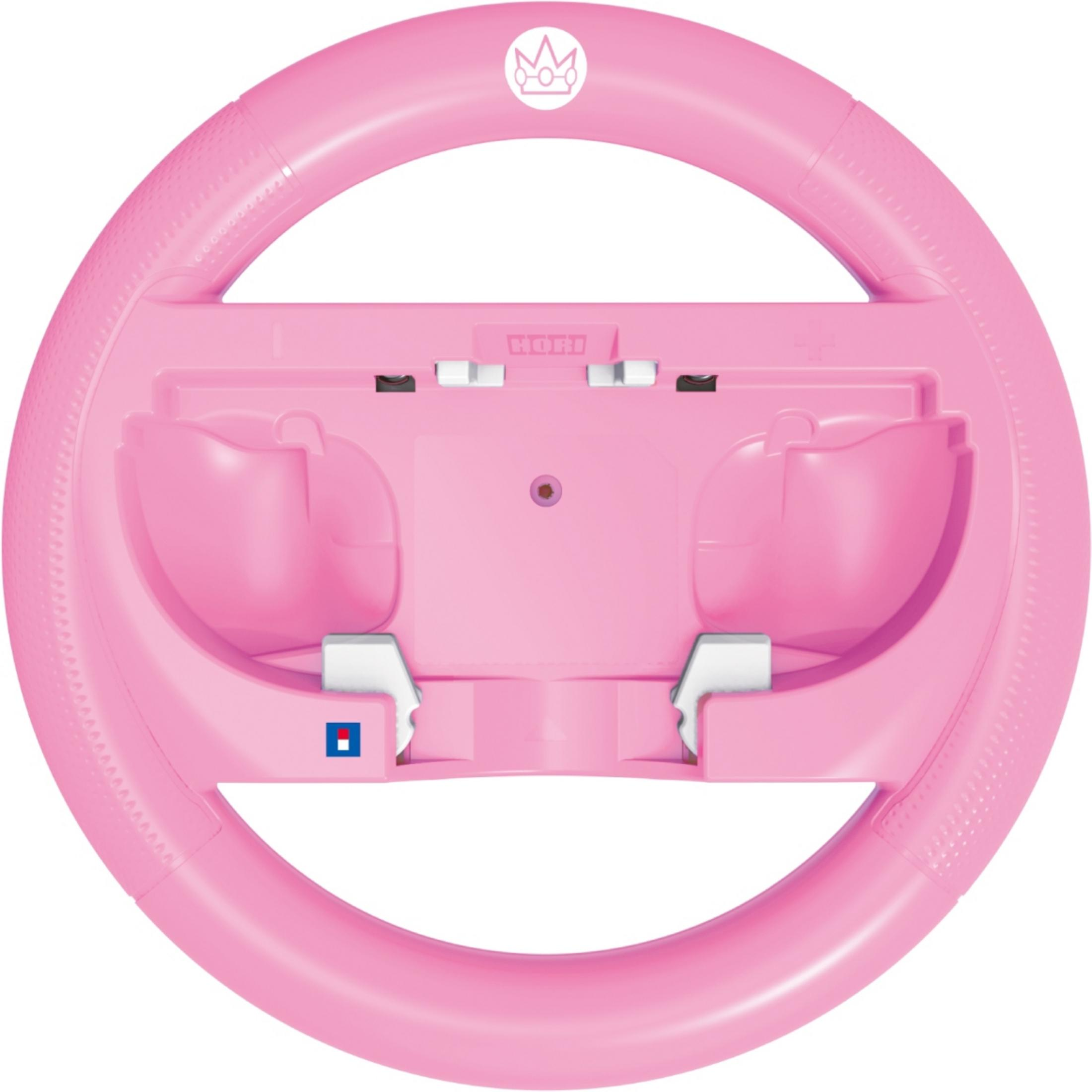 Un volante de juego rosa con emblema de corona y agarres.