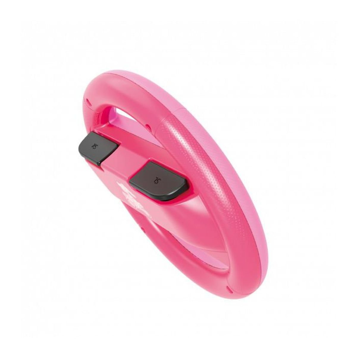 Un volante de controlador rosa con botones negros, sobre fondo blanco.