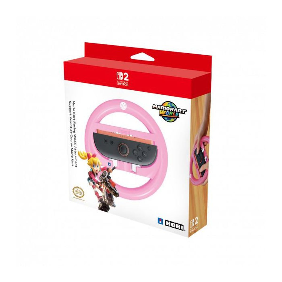 Caja de un accesorio de volante de carreras rosa de Mario Kart para Nintendo Switch.