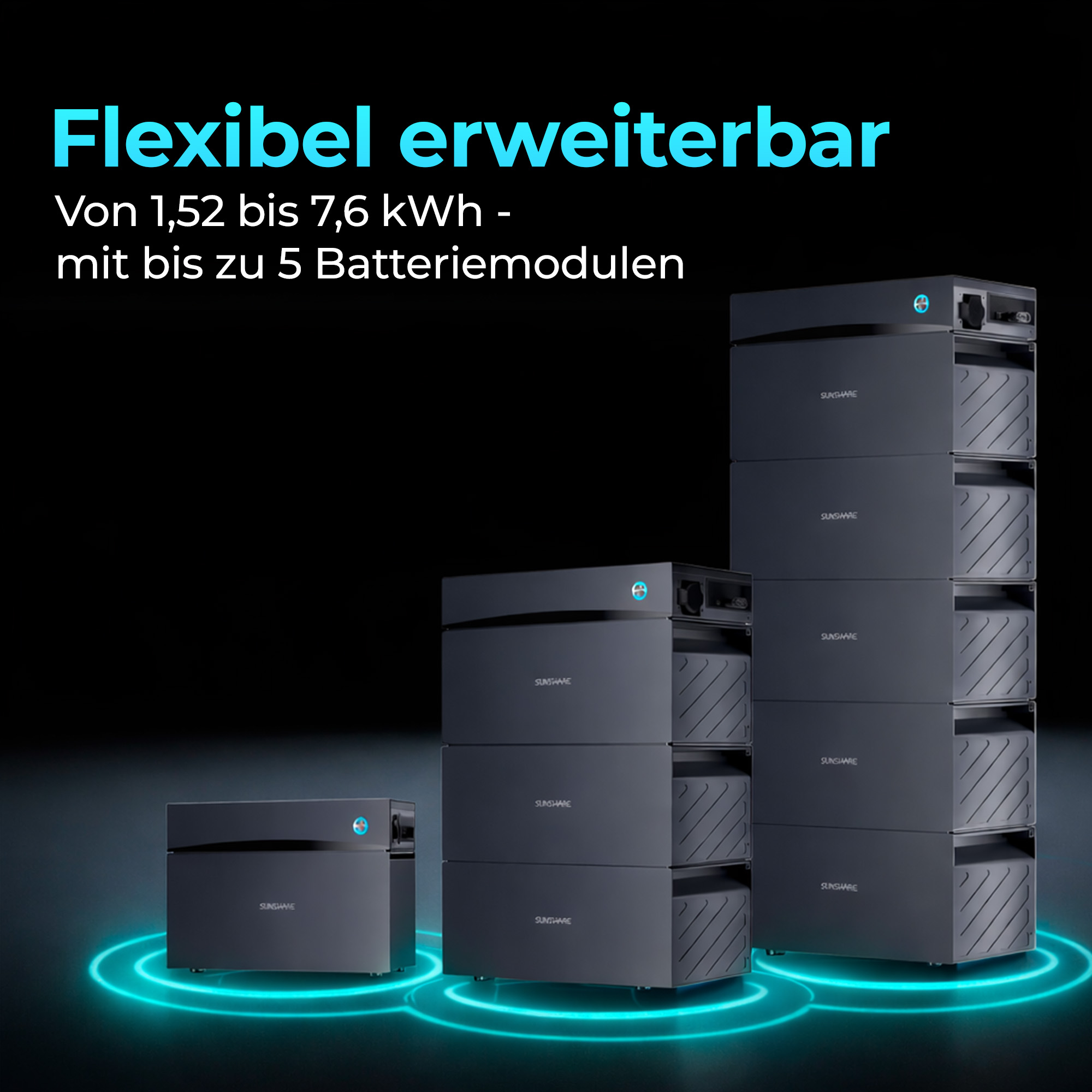 Drei Stapel dunkler Energiespeichermodule, von klein bis groß, mit blauen Ringen.