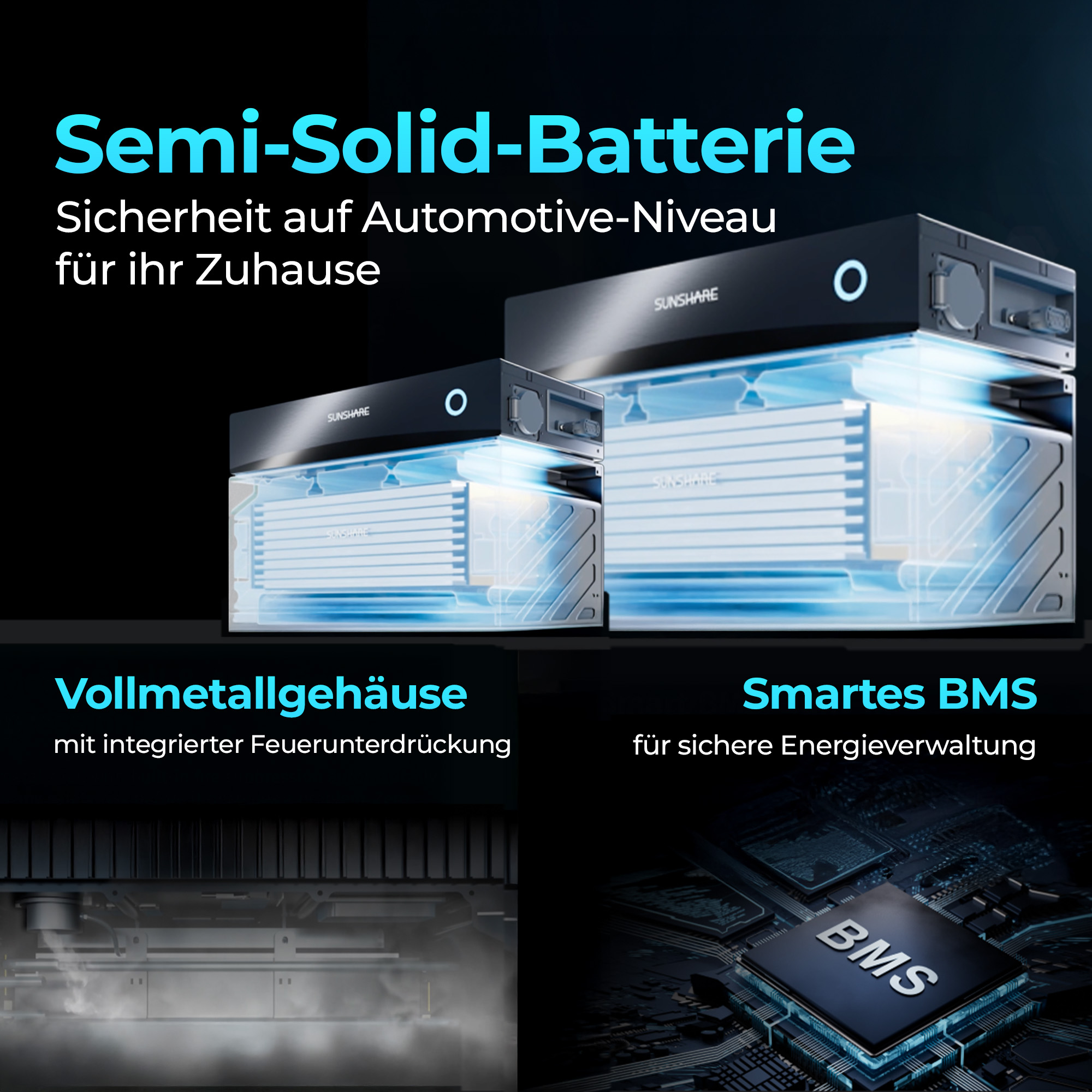 Zwei halb-solide Batterien mit Kühlrippen, eine davon mit Schnittansicht.