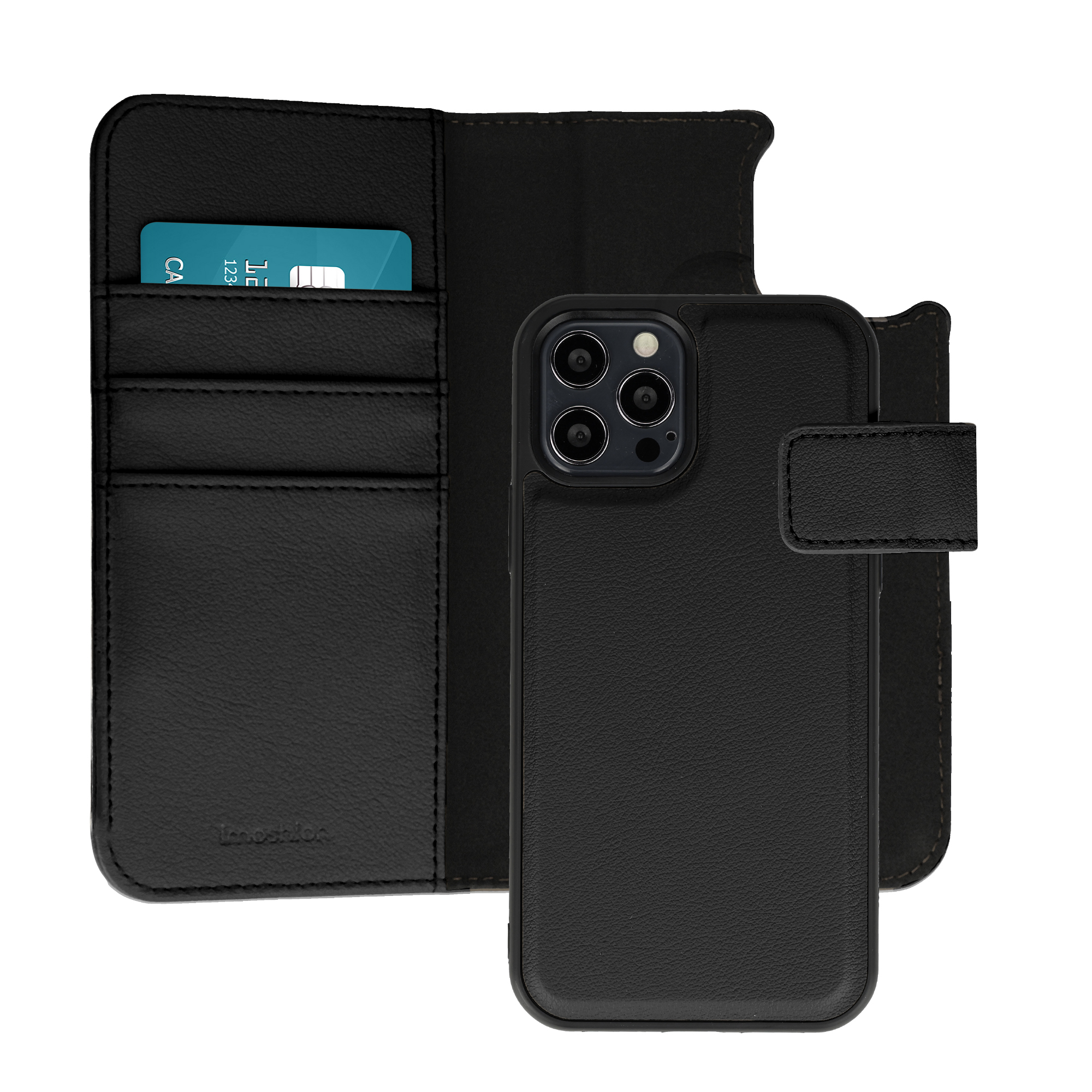 Schwarzes Leder-iPhone-Case mit Kartenfächern und einem blauen Karten-Detail.
