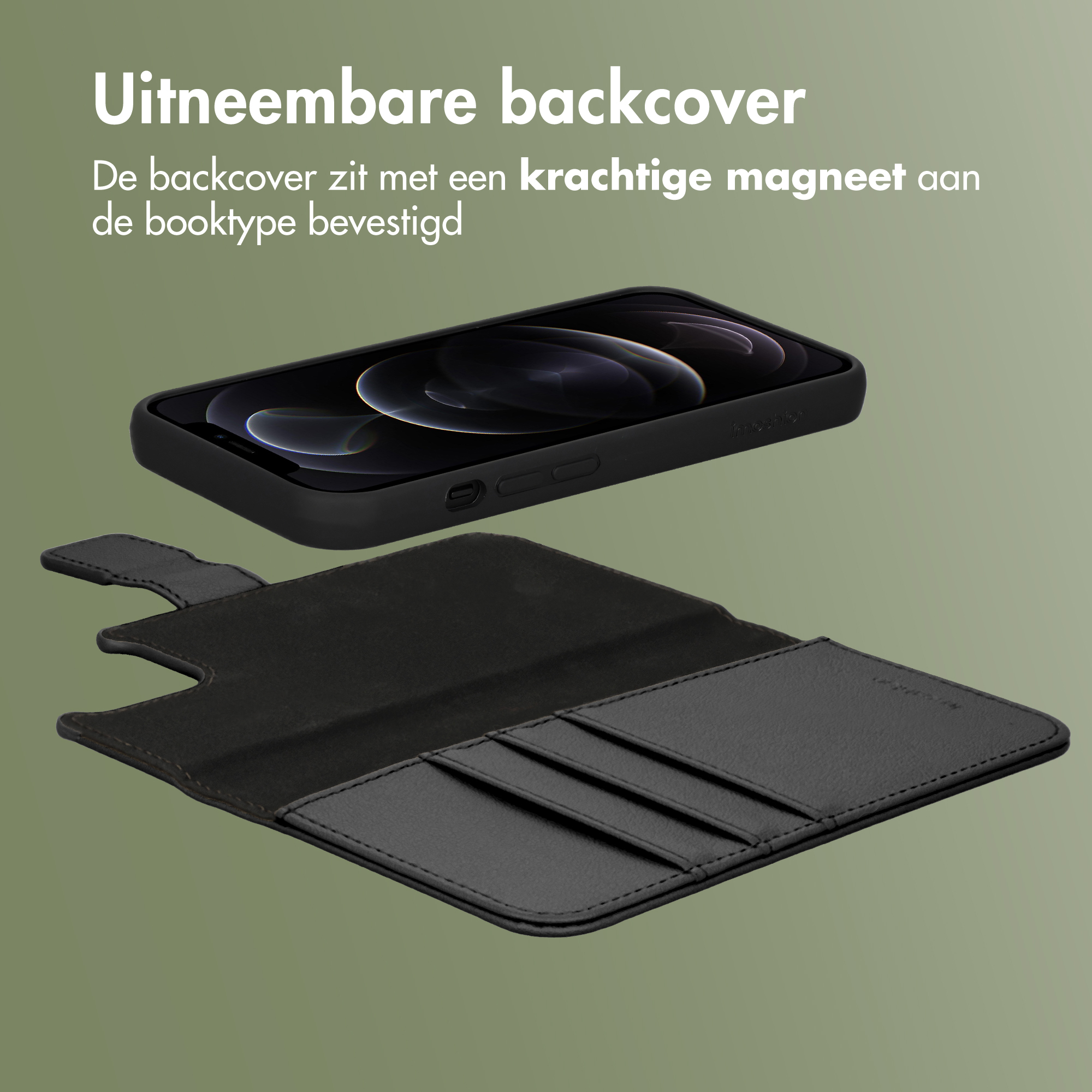 Ein schwarzes iPhone in einer geöffneten schwarzen Lederhülle mit Kartenfächern.