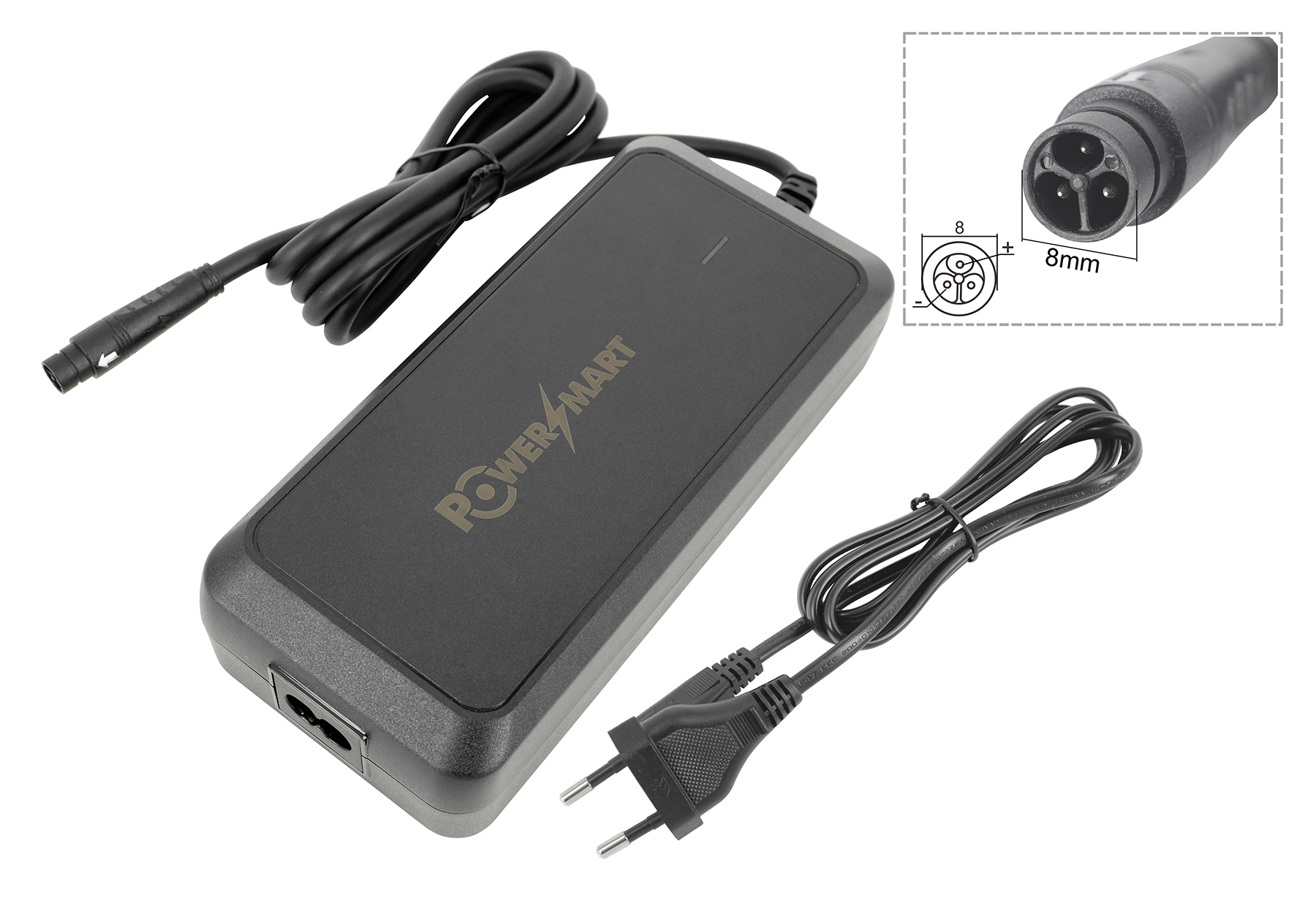 Schwarzes Ladegerät mit Power Smart Logo, Kabel und EU-Stecker.