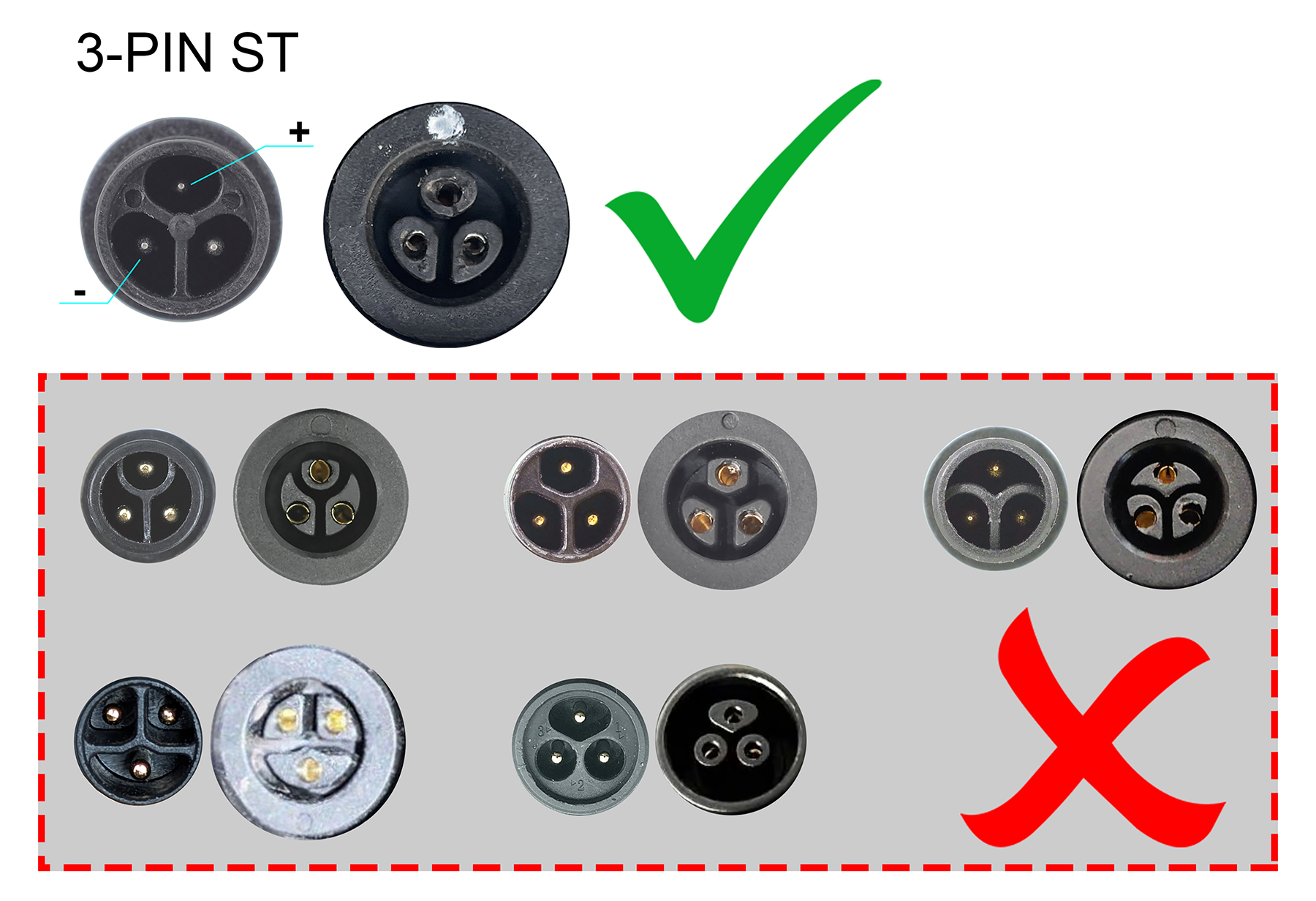 3-poliger Stecker mit Plus- und Minuspol sowie ein Häkchen und ein Kreuz.