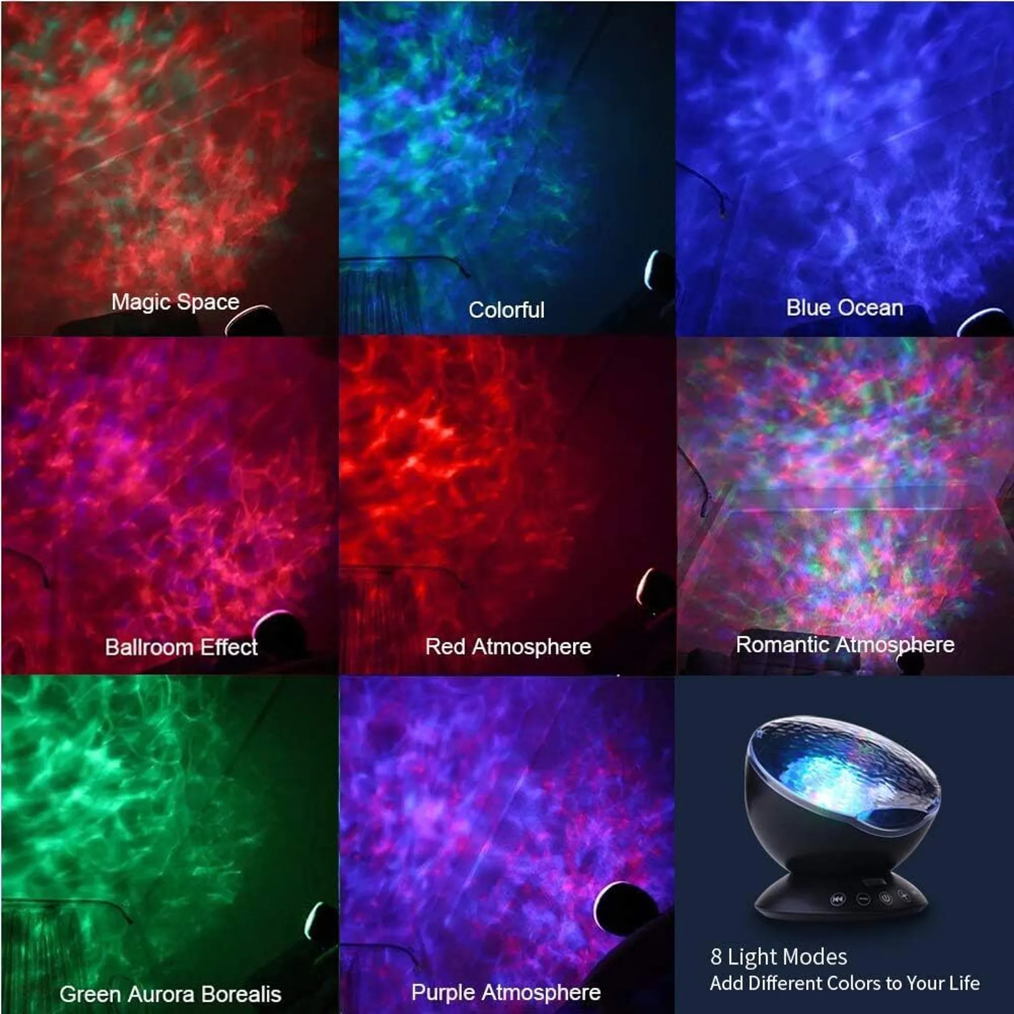 Collage aus 9 Bildern, die Lichtprojektionen in verschiedenen Farben und Mustern zeigen.