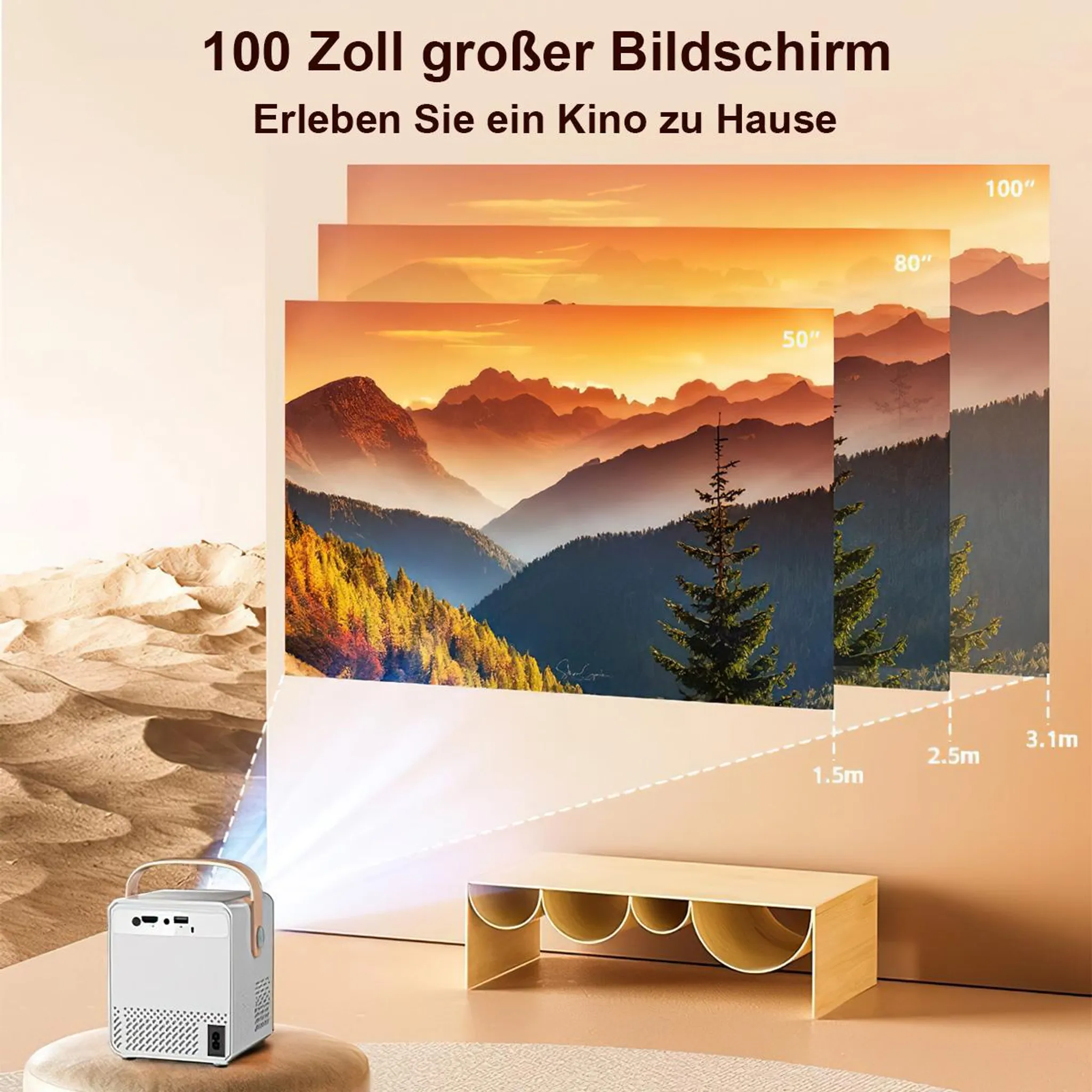 Ein weißer Projektor wirft ein Bild von Bergen mit Bäumen. Erleben Sie Kino zu Hause.