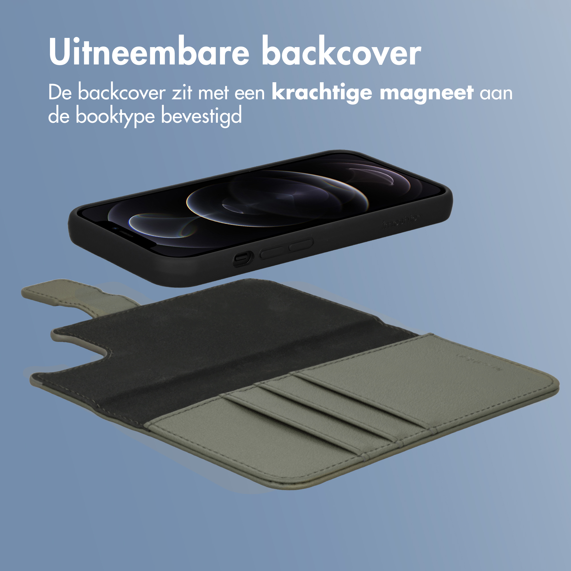 Ein schwarzes iPhone mit abnehmbarer Hülle liegt über einer offenen grauen Handyhülle.