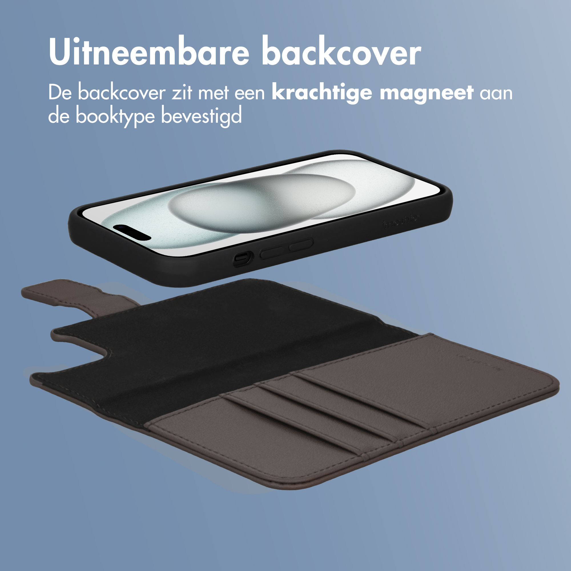 Afneembare telefoonhoes met kaarthouders en magneetsluiting.