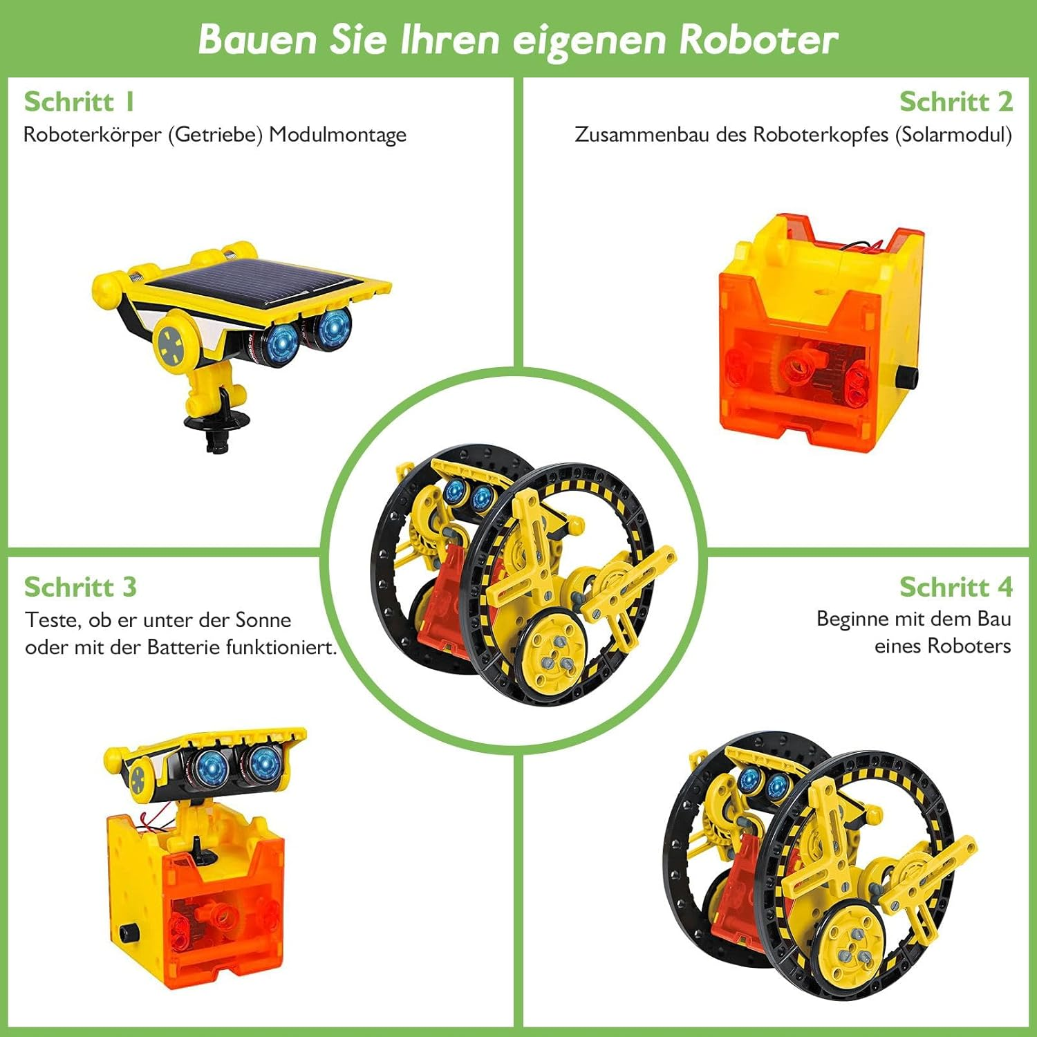 Illustration zeigt vier Schritte zum Bau eines Roboters mit gelben und orangen Teilen.