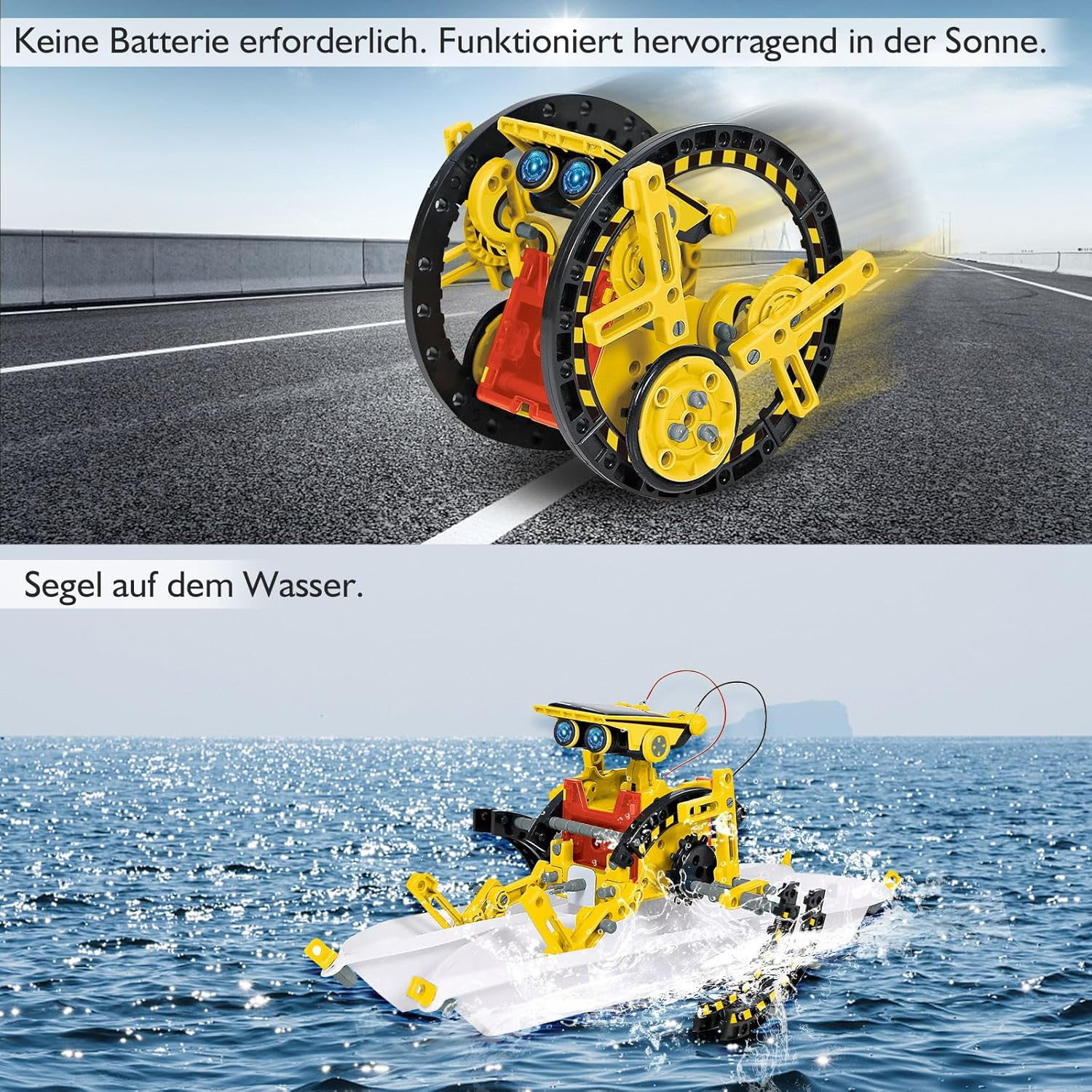Ein gelbes Roboter-Kit auf Rädern auf einer Straße und im Wasser.