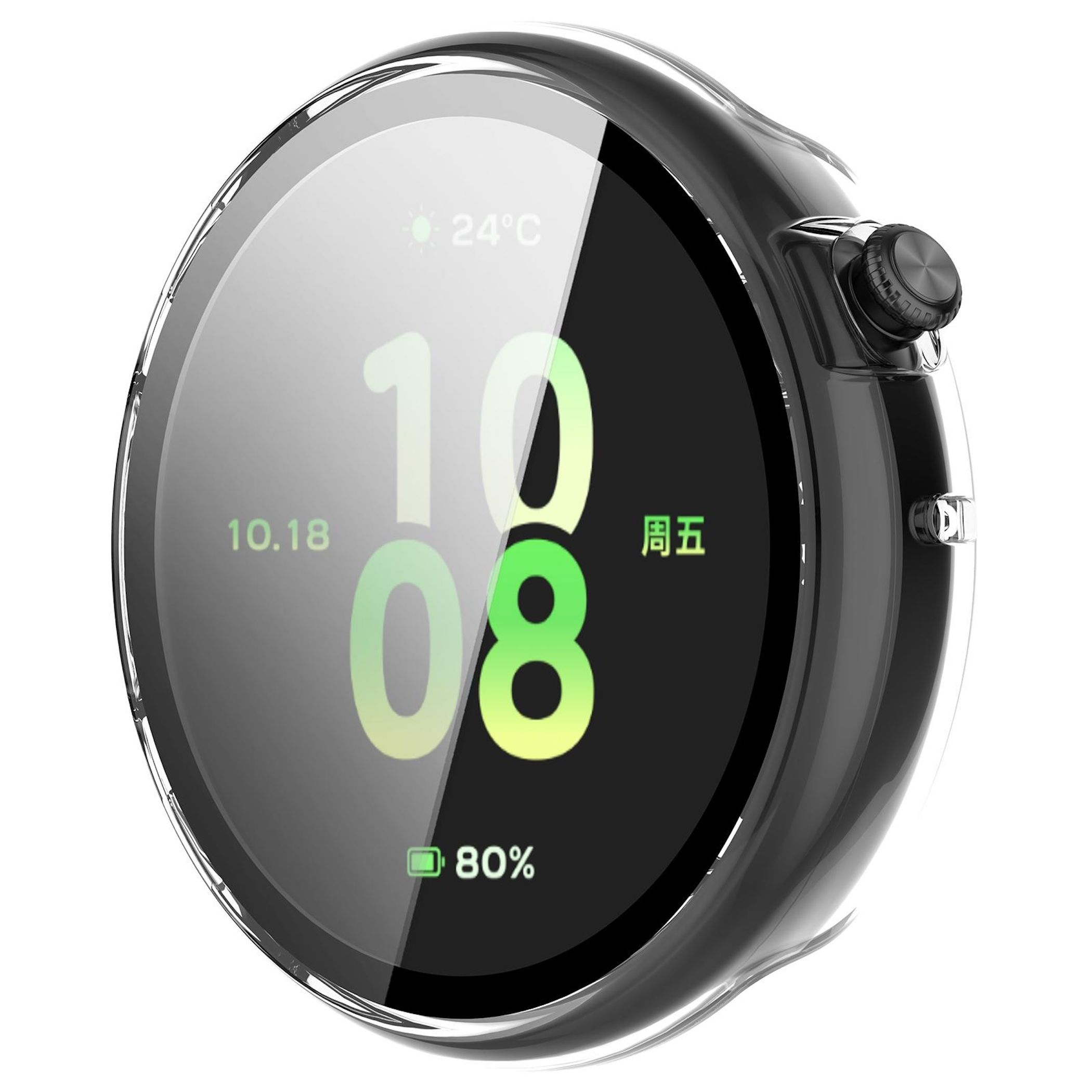 Smartwatch rotondo con cassa nera, mostra 24°C, 10.18, 10:08 e 80% di batteria.