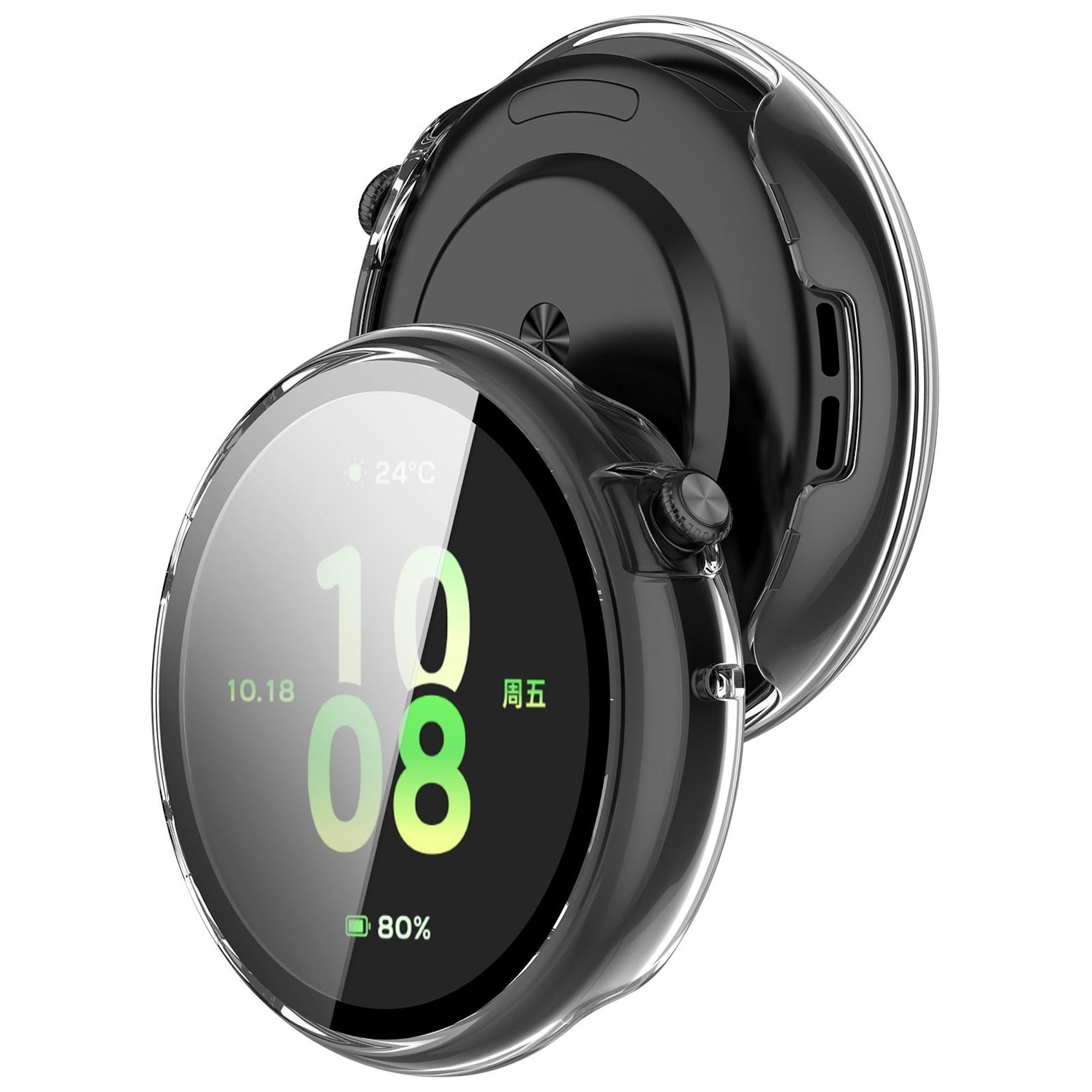 Una custodia protettiva trasparente per uno smartwatch rotondo che mostra 24°C, 10:08 e 80% di batteria.