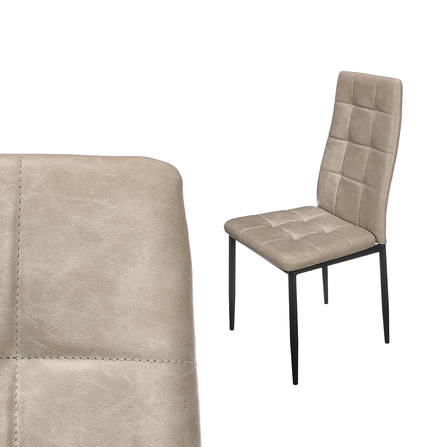 Una sedia imbottita beige con schienale e seduta trapuntati, su gambe nere, isolata.