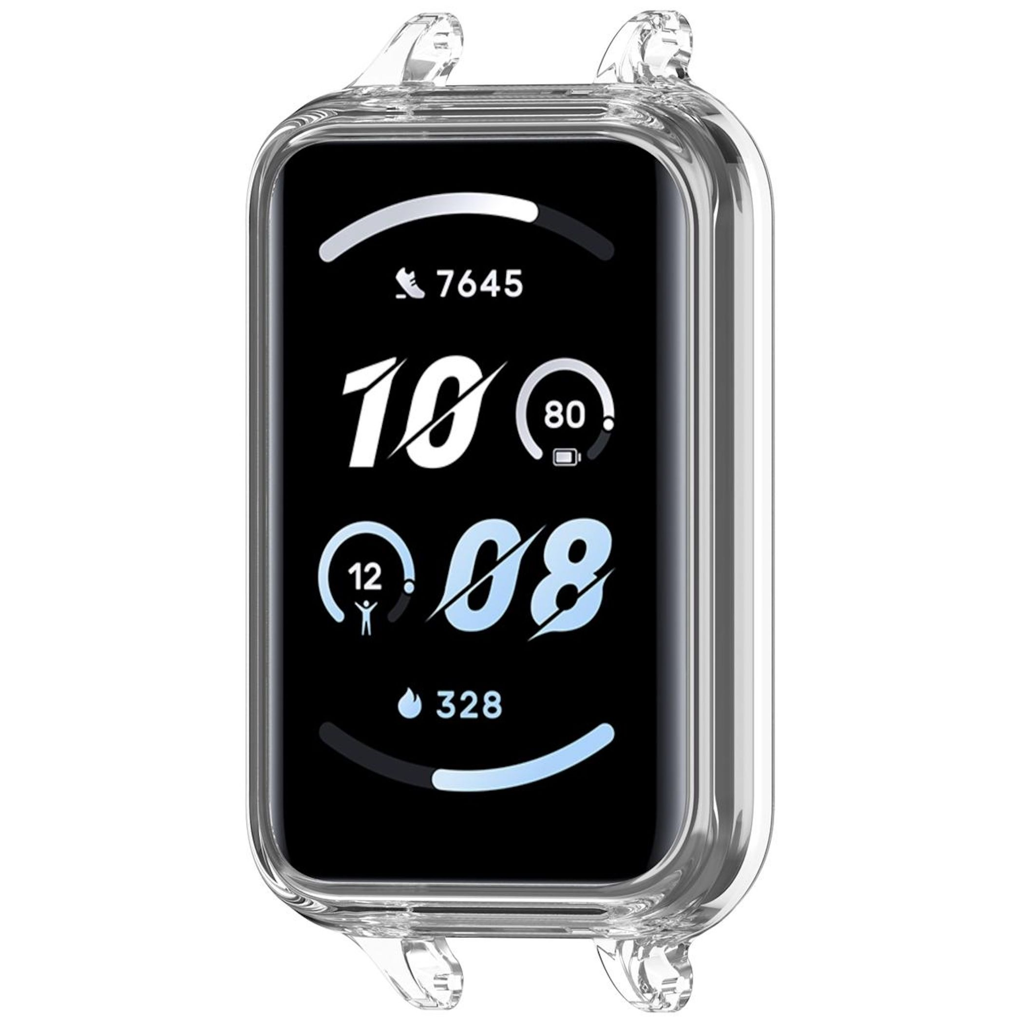 Custodia protettiva trasparente per display smartwatch rettangolare con dati sanitari.