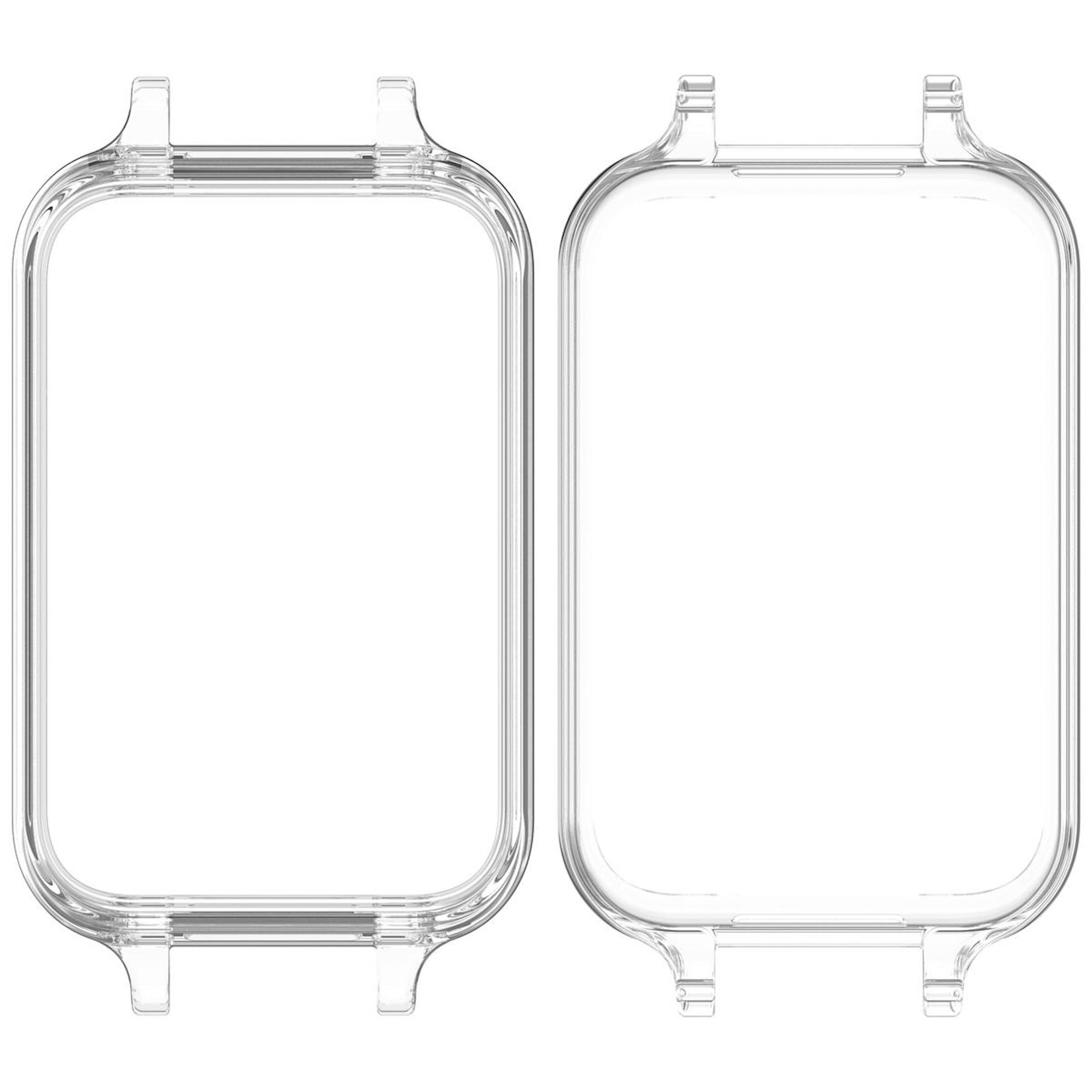 Due custodie trasparenti per orologi con connettori per cinturino su sfondo bianco.