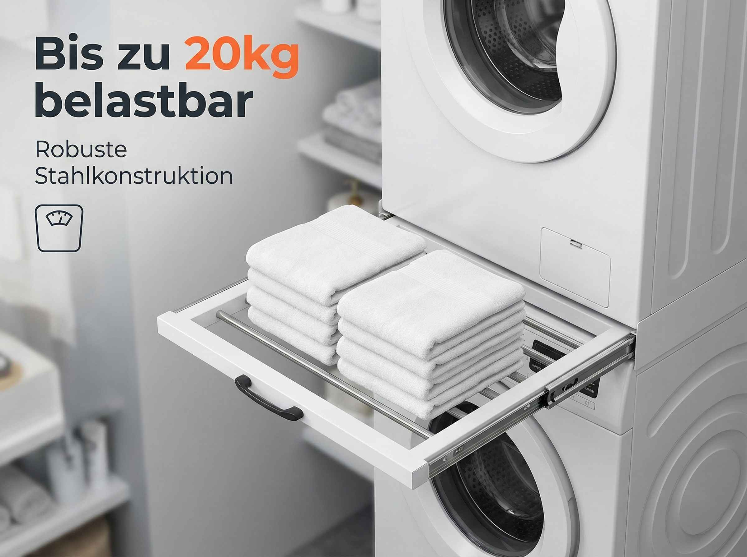 Gestapelte weiße Waschmaschinen mit ausziehbarem Regal für gefaltete weiße Handtücher.